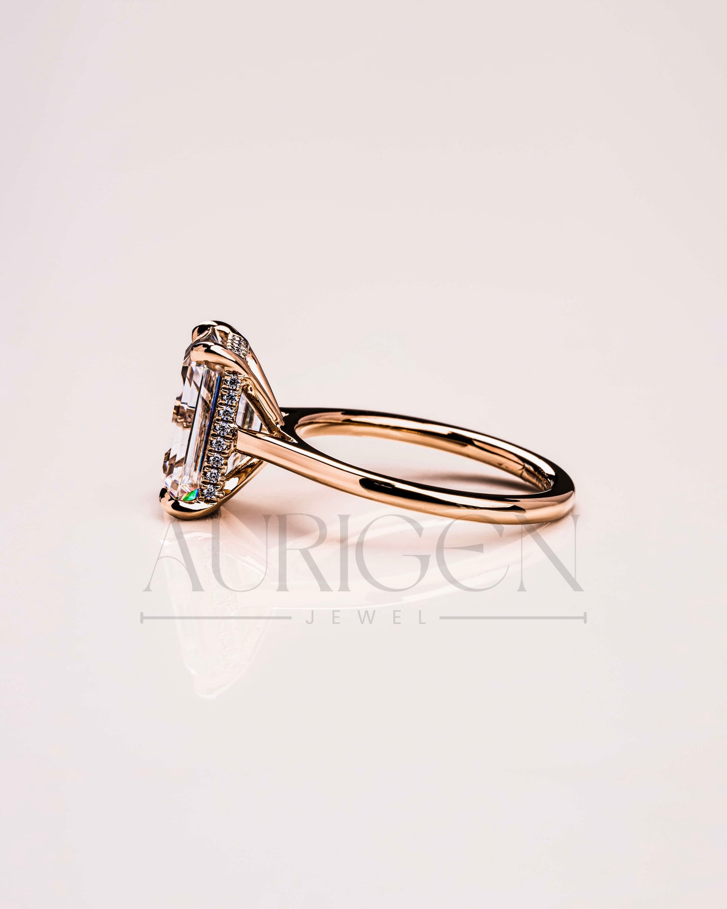 Emerald Cut Moissanite and Lab Grown Diamond Ring With Hidden Halo