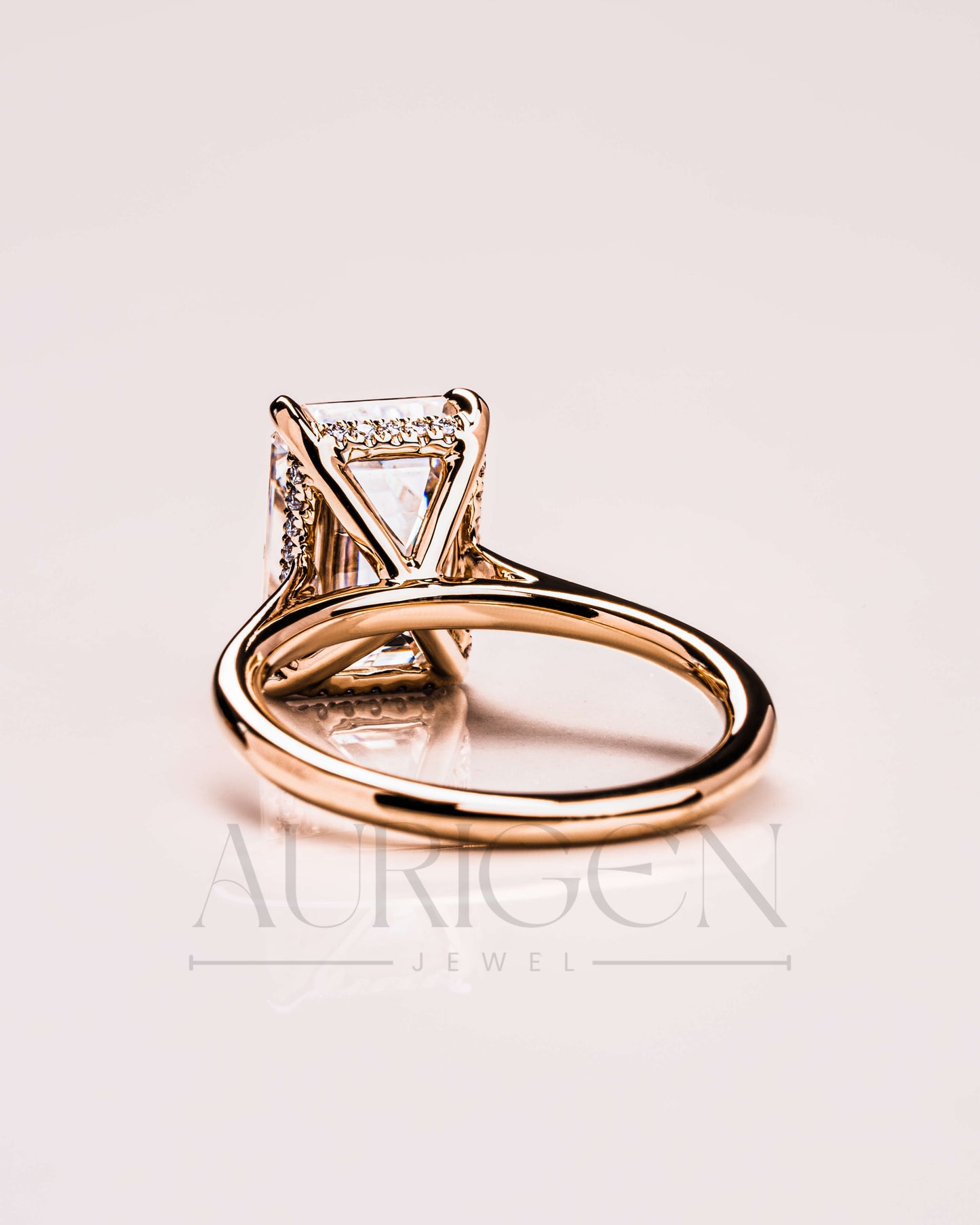 Emerald Cut Moissanite and Lab Grown Diamond Ring With Hidden Halo