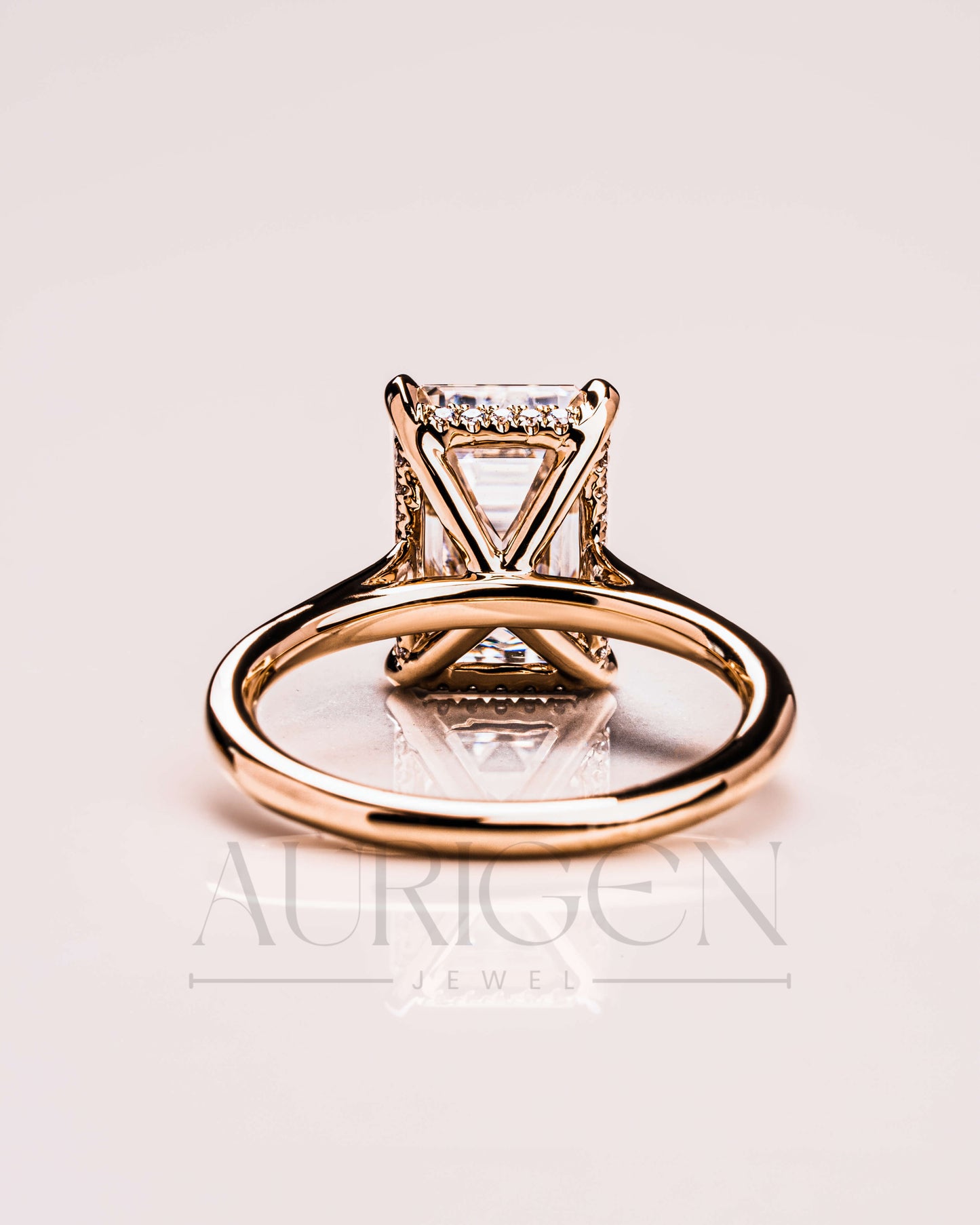 Emerald Cut Moissanite and Lab Grown Diamond Ring With Hidden Halo