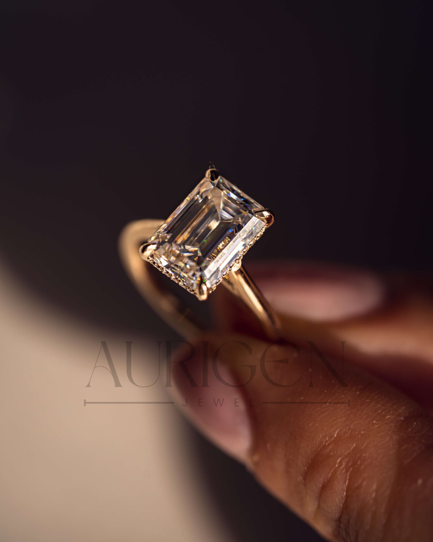Emerald Cut Moissanite and Lab Grown Diamond Ring With Hidden Halo