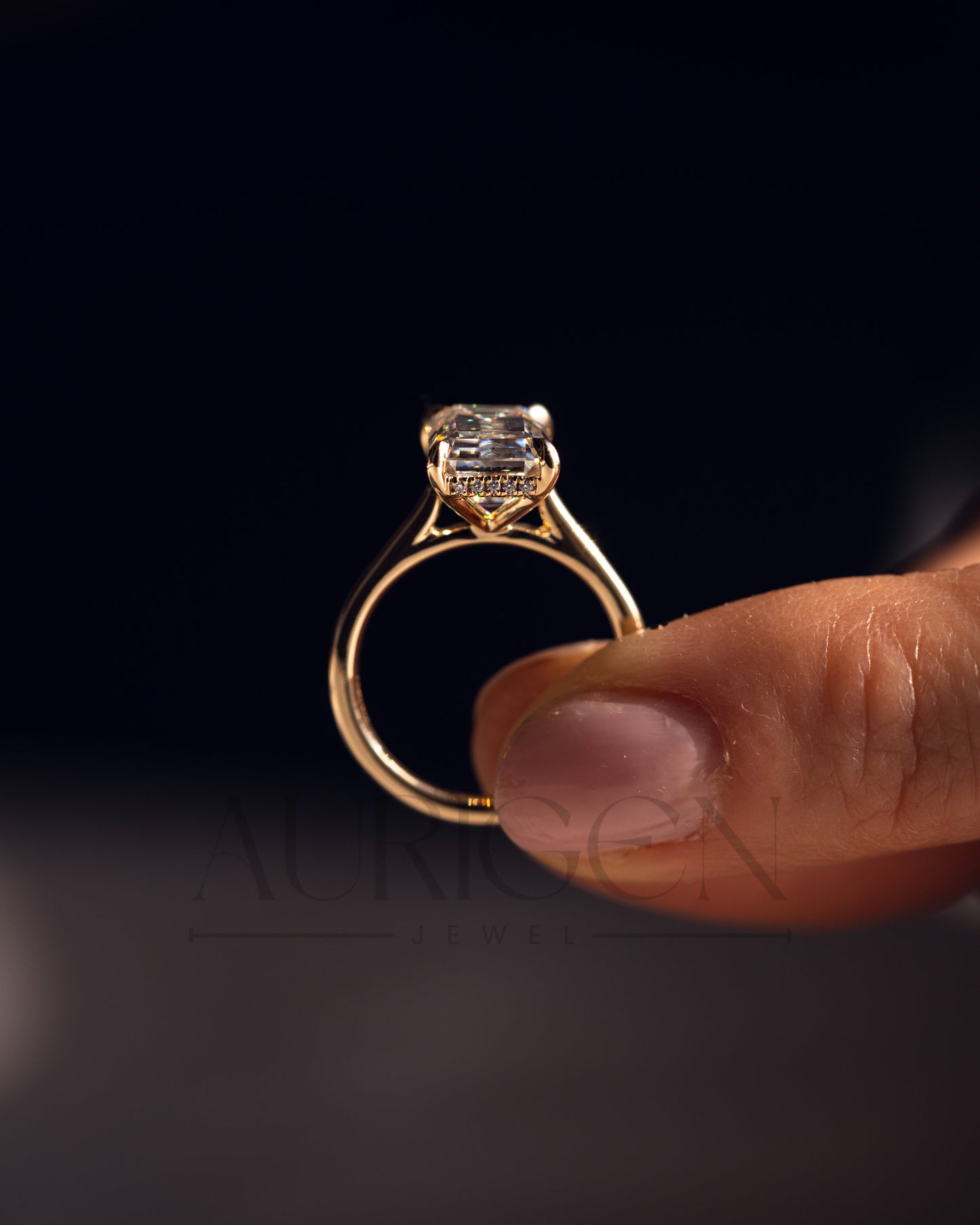 Emerald Cut Moissanite and Lab Grown Diamond Ring With Hidden Halo