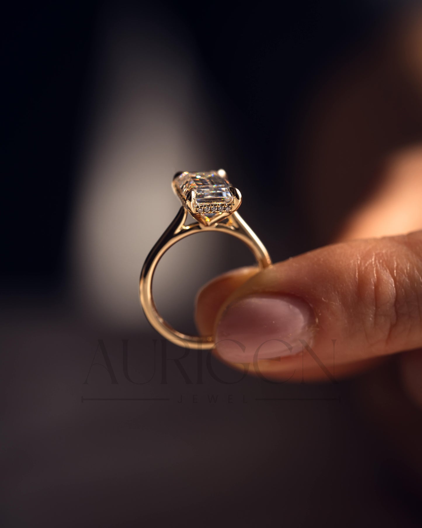 Emerald Cut Moissanite and Lab Grown Diamond Ring With Hidden Halo
