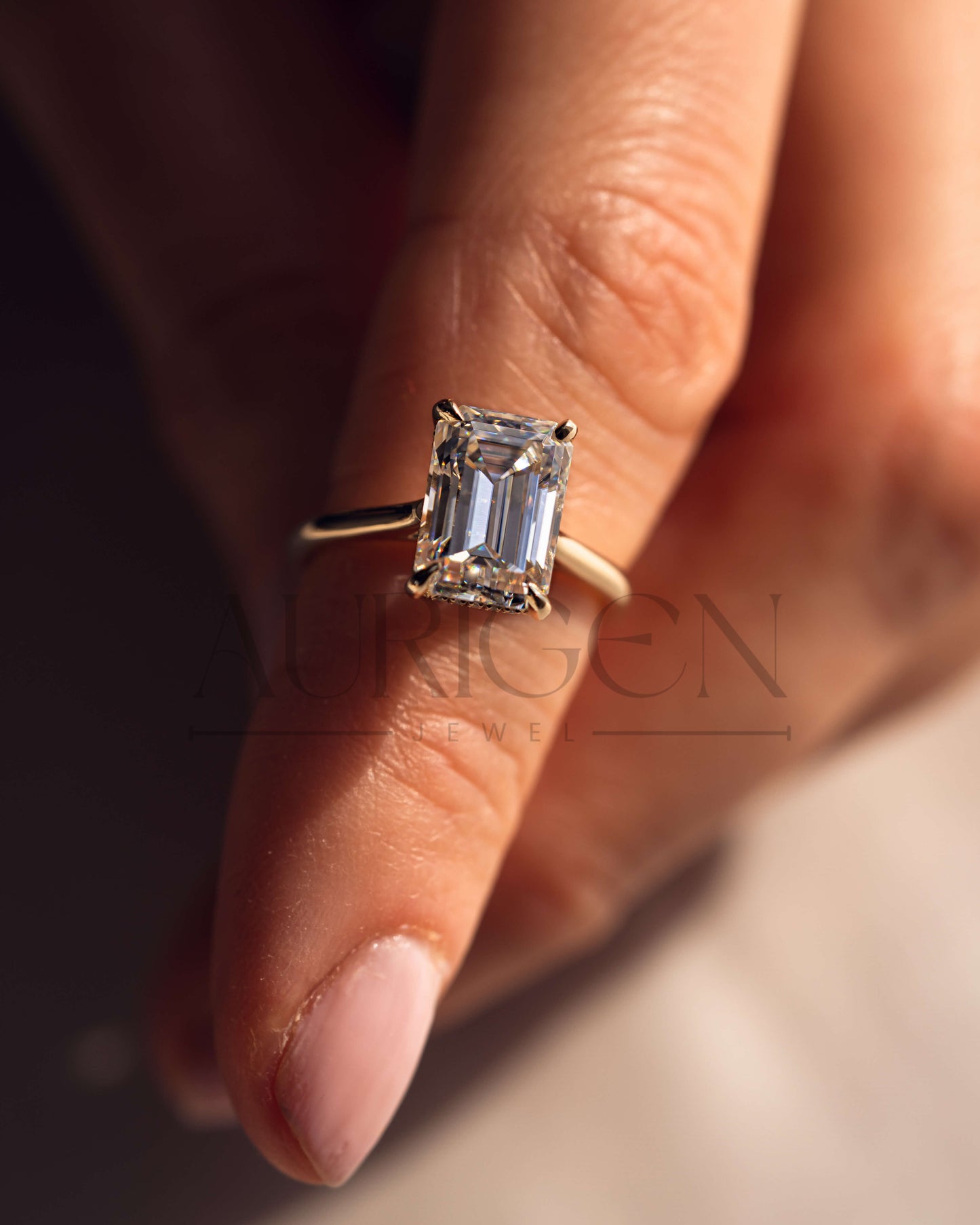 Emerald Cut Moissanite and Lab Grown Diamond Ring With Hidden Halo