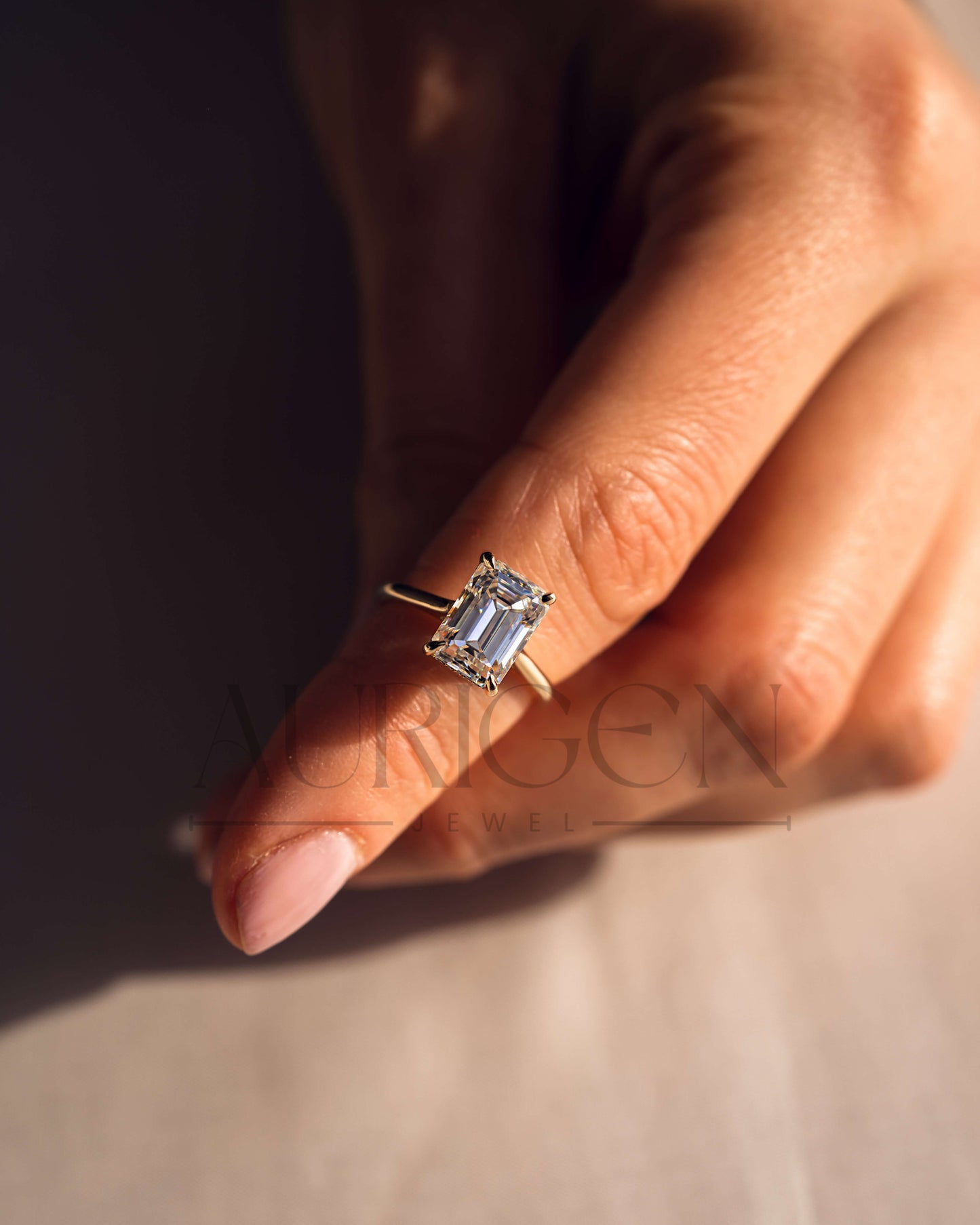 Emerald Cut Moissanite and Lab Grown Diamond Ring With Hidden Halo