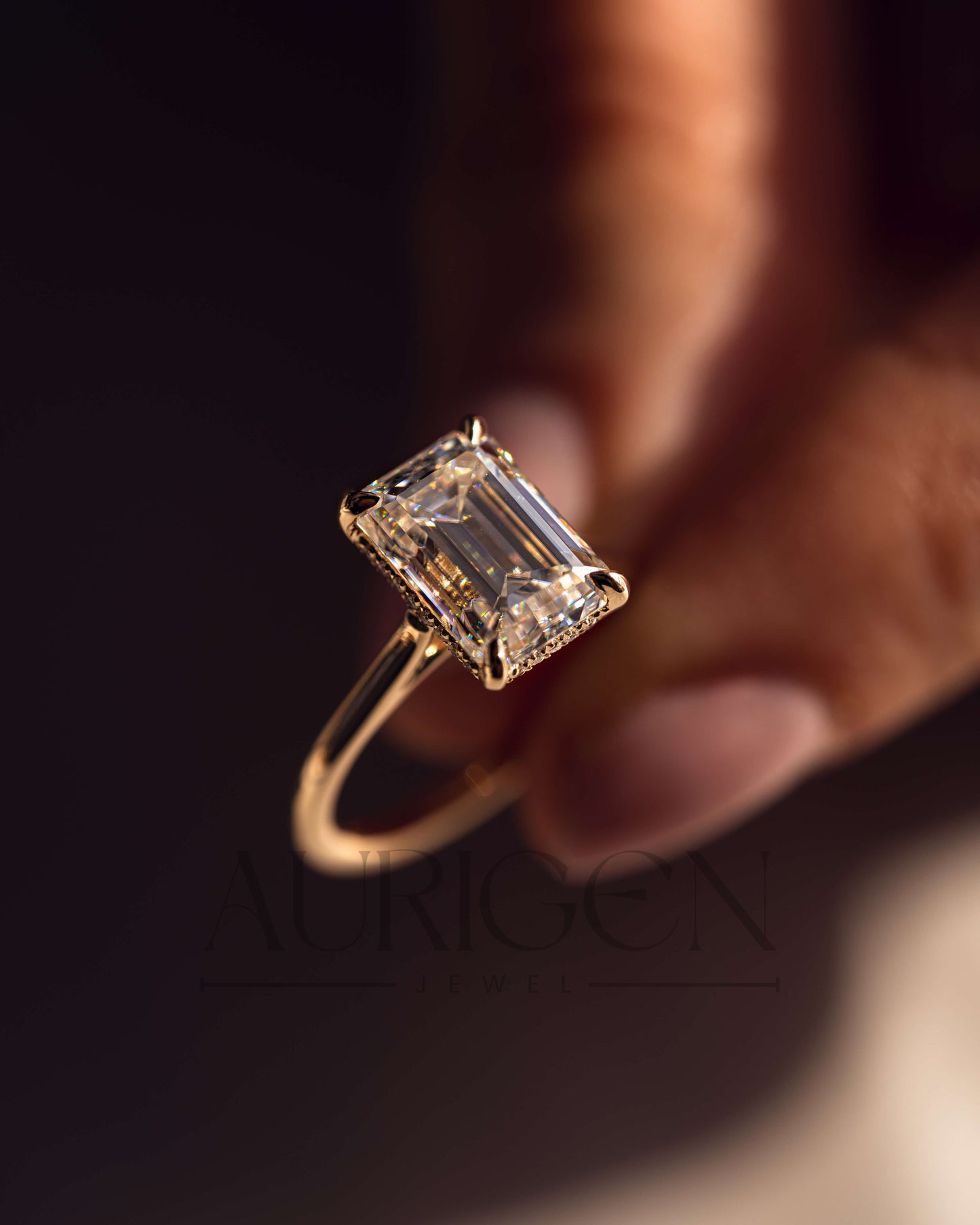 Emerald Cut Moissanite and Lab Grown Diamond Ring With Hidden Halo