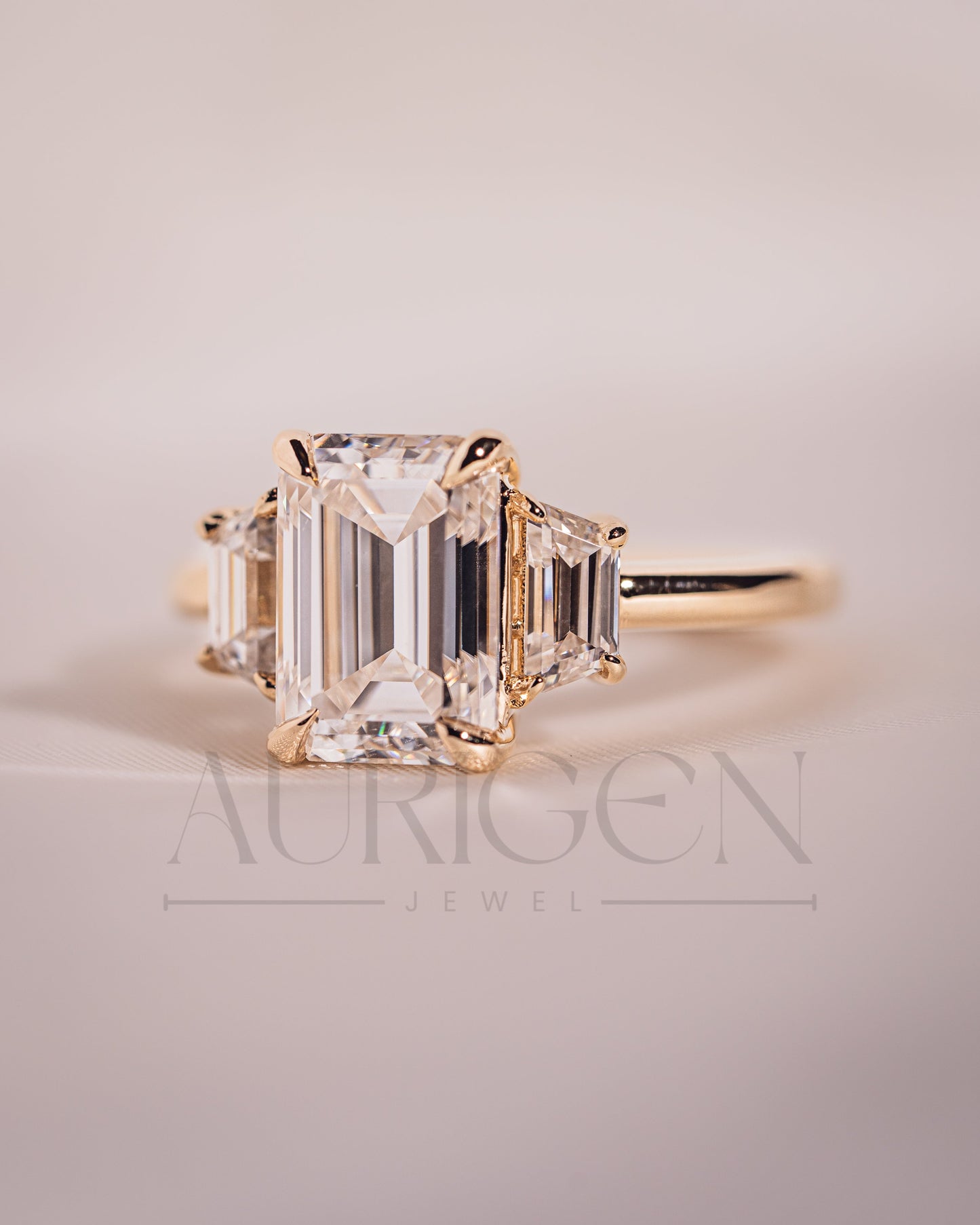 Unique Emerald Cut with Trapezoid Side Stones Moissanite and Leb Grown Engagement Ring 14k Yellow Gold