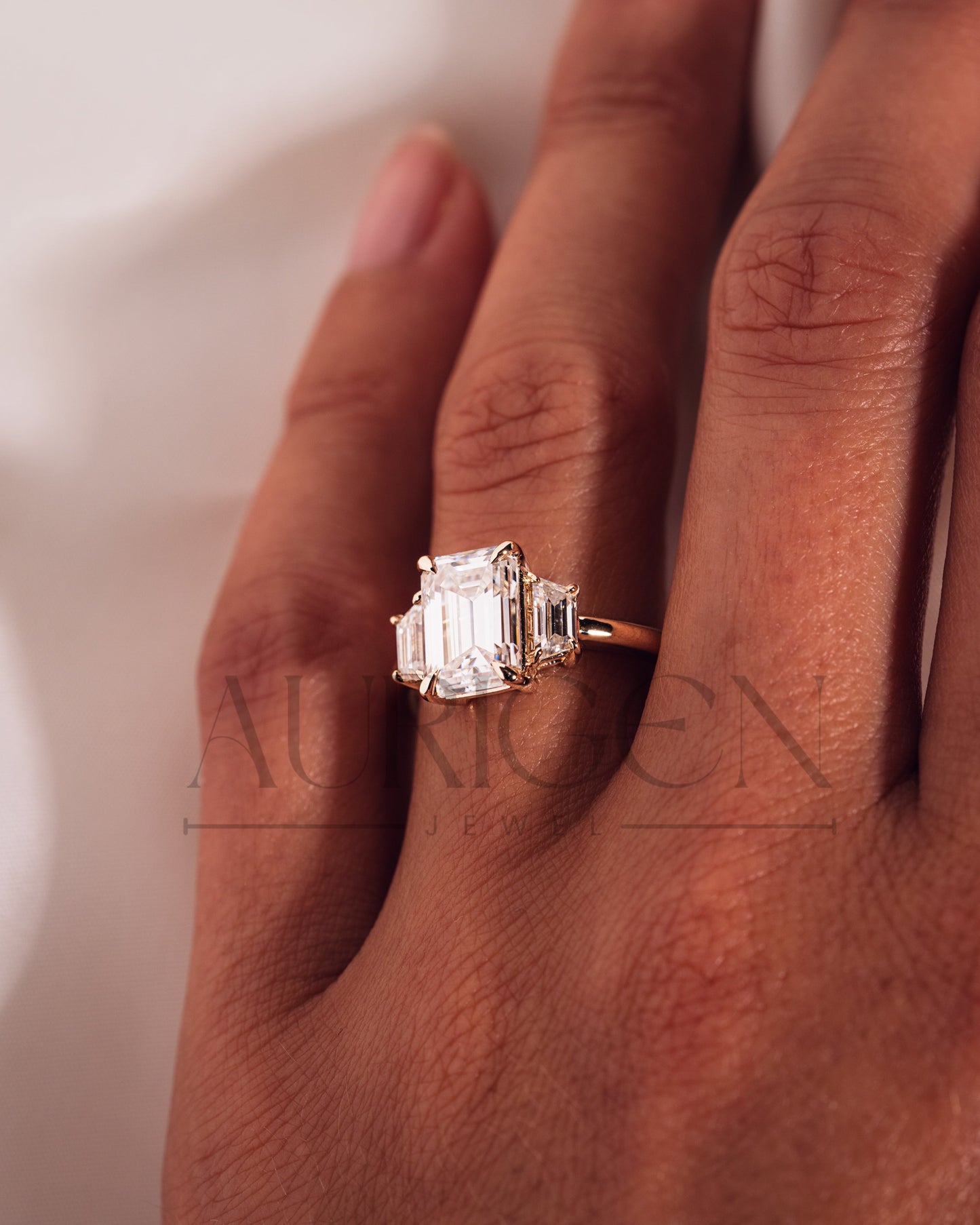 Unique Emerald Cut with Trapezoid Side Stones Moissanite and Leb Grown Engagement Ring 14k Yellow Gold