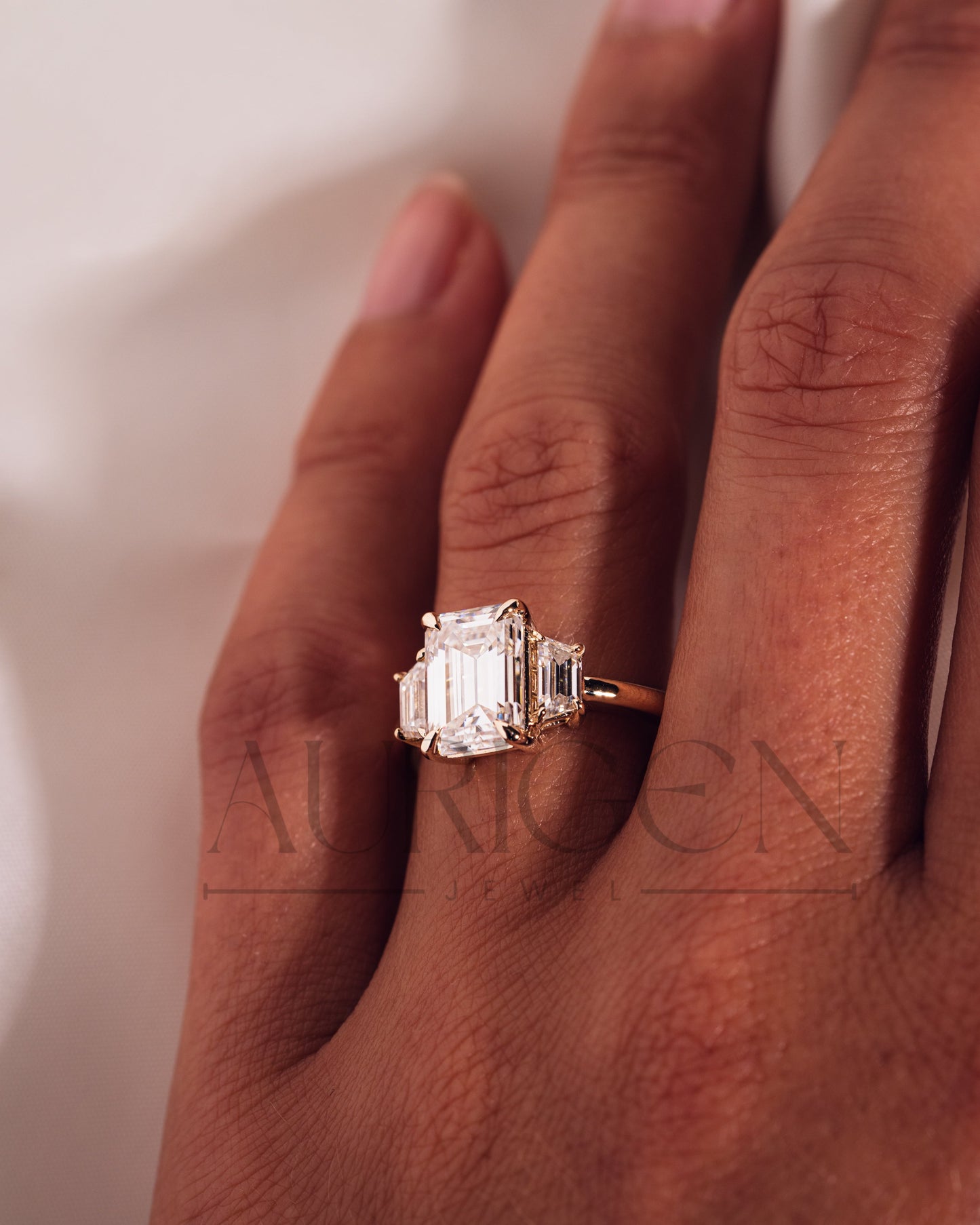 Unique Emerald Cut with Trapezoid Side Stones Moissanite and Leb Grown Engagement Ring 14k Yellow Gold