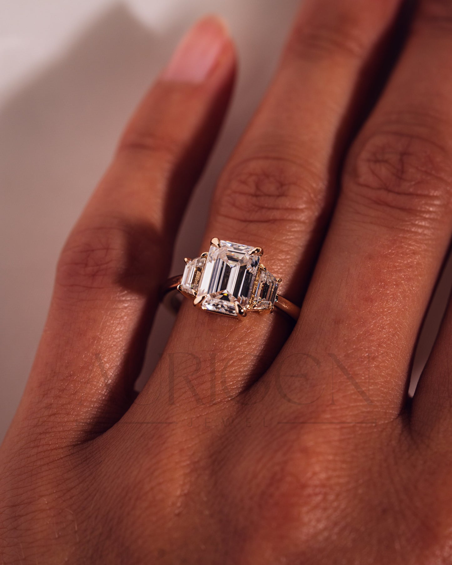 Unique Emerald Cut with Trapezoid Side Stones Moissanite and Leb Grown Engagement Ring 14k Yellow Gold