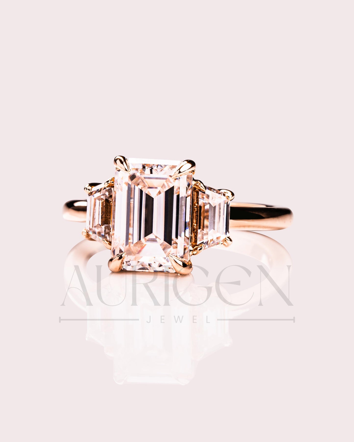 Unique Emerald Cut with Trapezoid Side Stones Moissanite and Leb Grown Engagement Ring 14k Yellow Gold