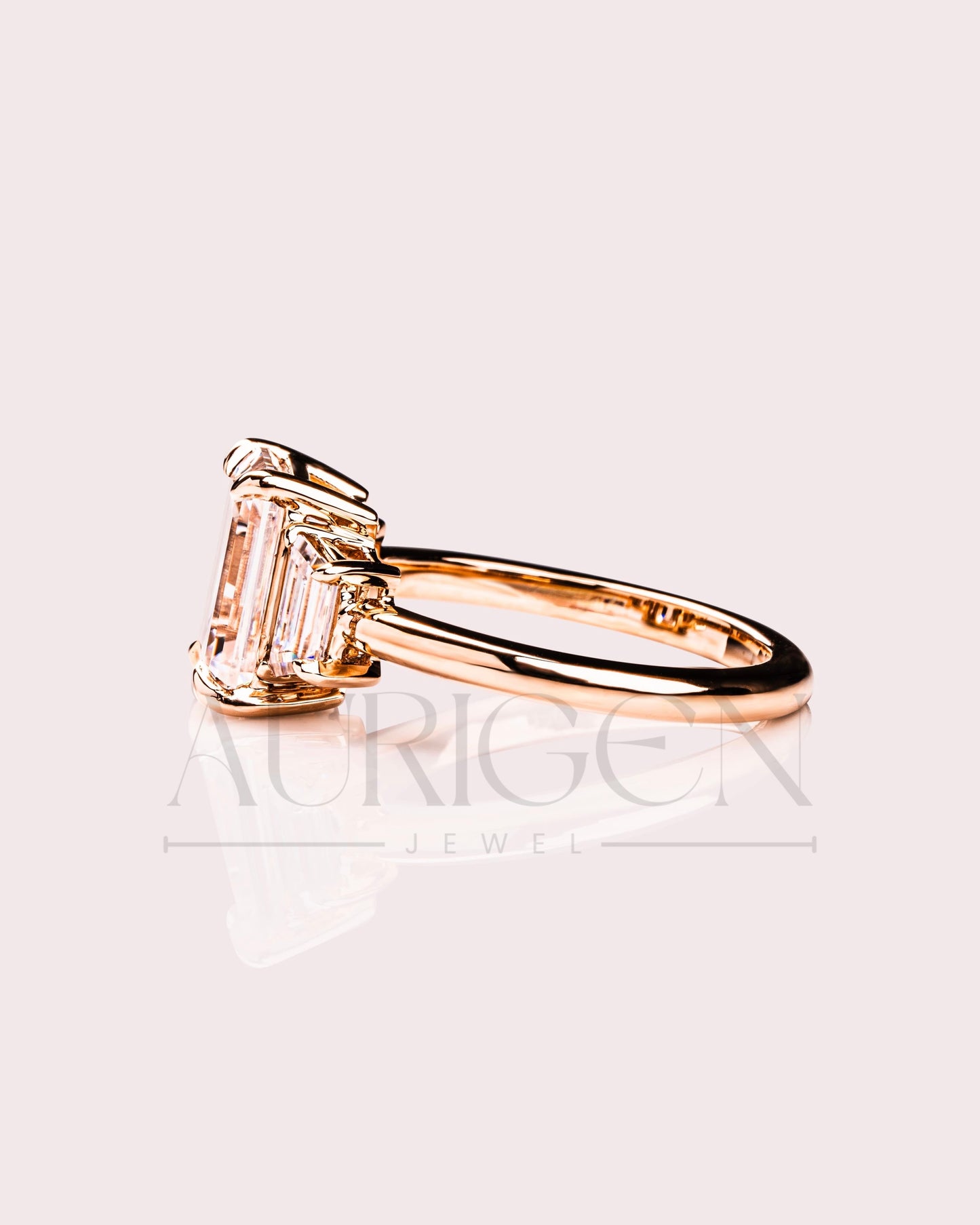 Unique Emerald Cut with Trapezoid Side Stones Moissanite and Leb Grown Engagement Ring 14k Yellow Gold