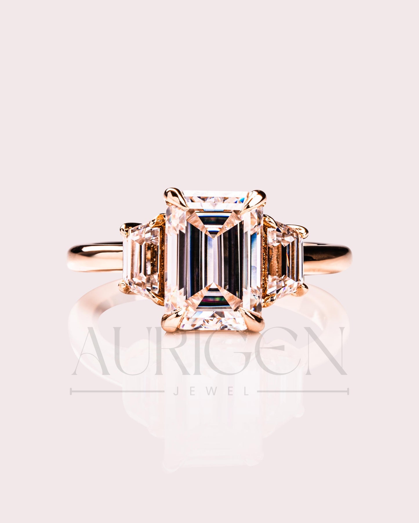 Unique Emerald Cut with Trapezoid Side Stones Moissanite and Leb Grown Engagement Ring 14k Yellow Gold