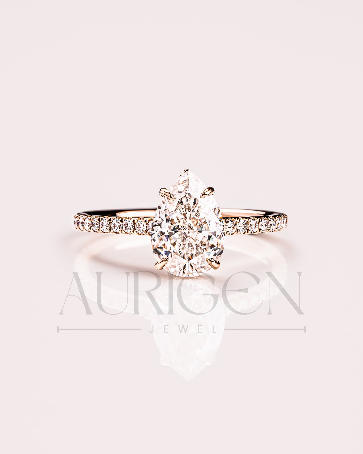 Pear Cut Lab Grown and Moissanite Diamond Ring with Pave in 14K Solid Gold