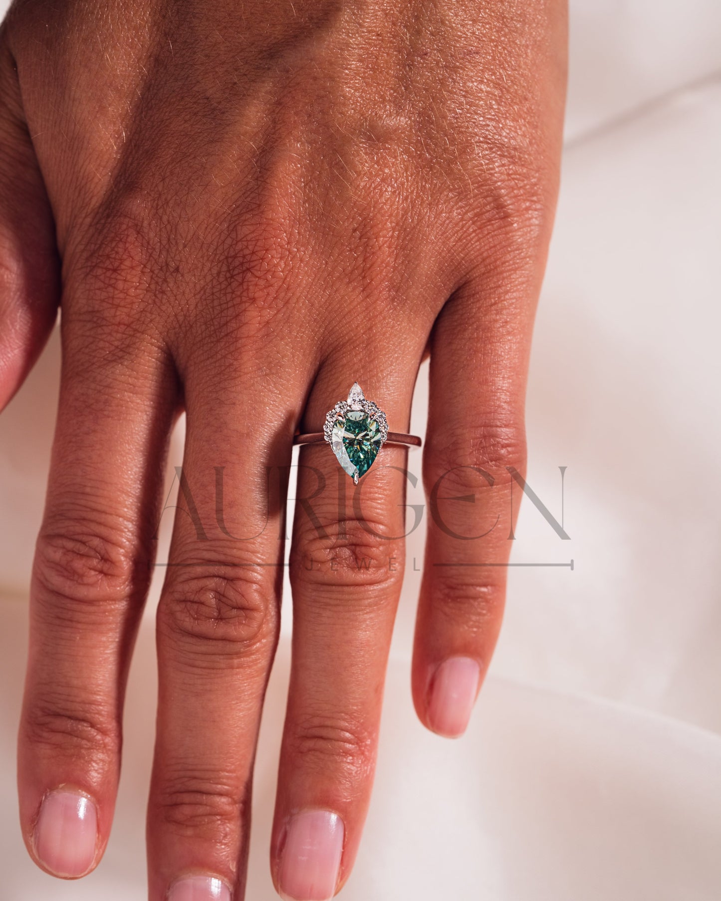 Stunning Teal Brilliant Pear Cut Moissanite and Lab Grown Engagement Ring with Halo