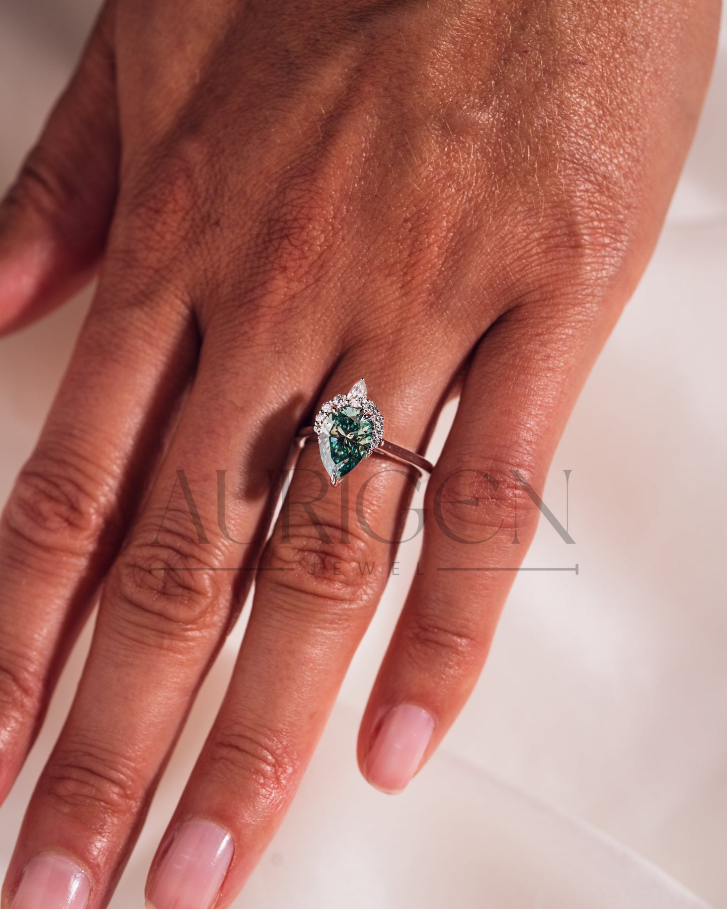 Stunning Teal Brilliant Pear Cut Moissanite and Lab Grown Engagement Ring with Halo