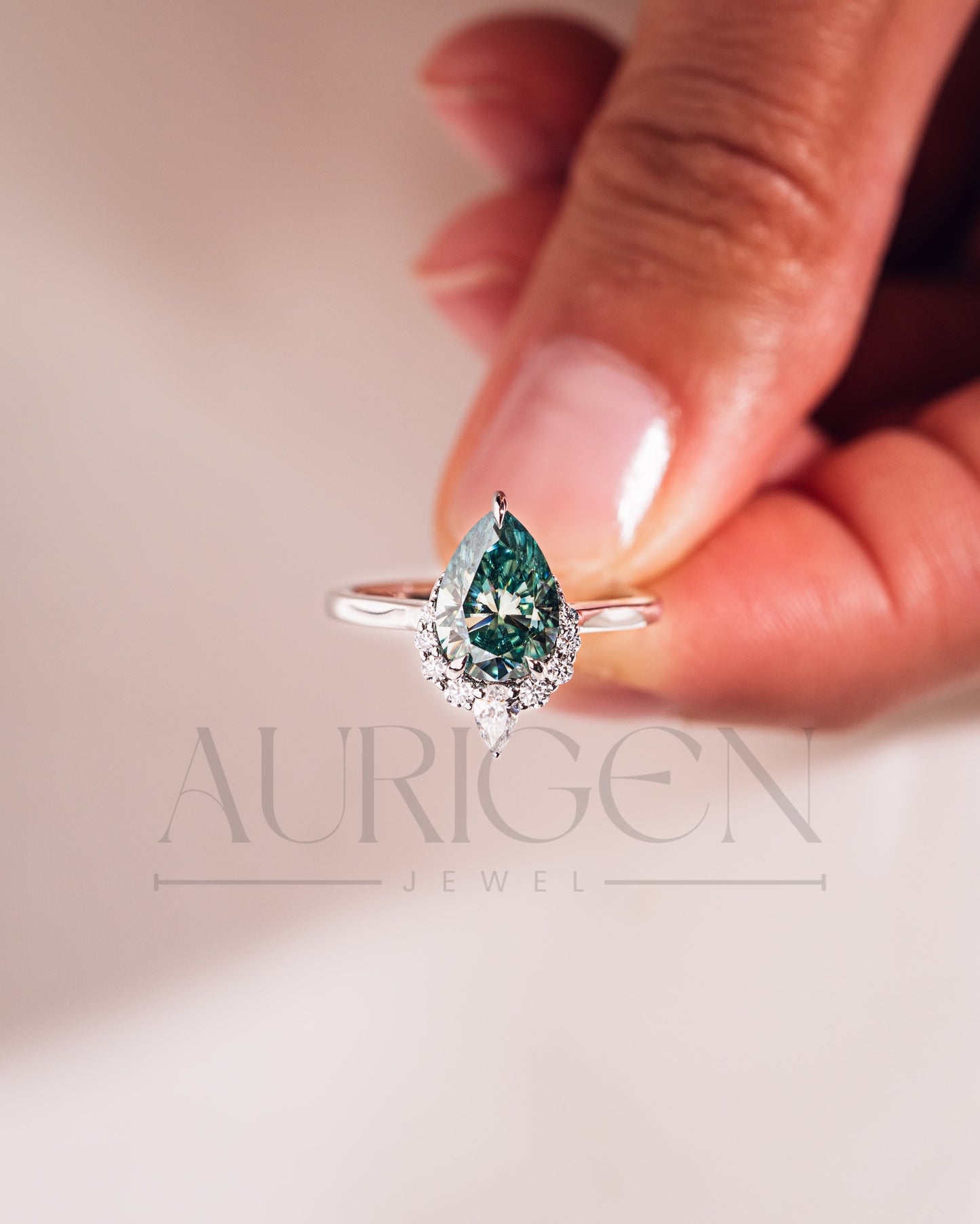 Stunning Teal Brilliant Pear Cut Moissanite and Lab Grown Engagement Ring with Halo