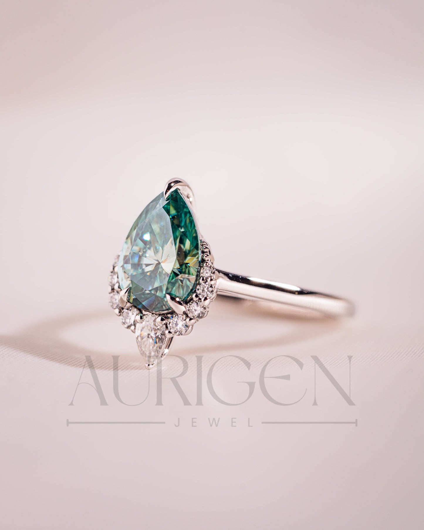 Stunning Teal Brilliant Pear Cut Moissanite and Lab Grown Engagement Ring with Halo