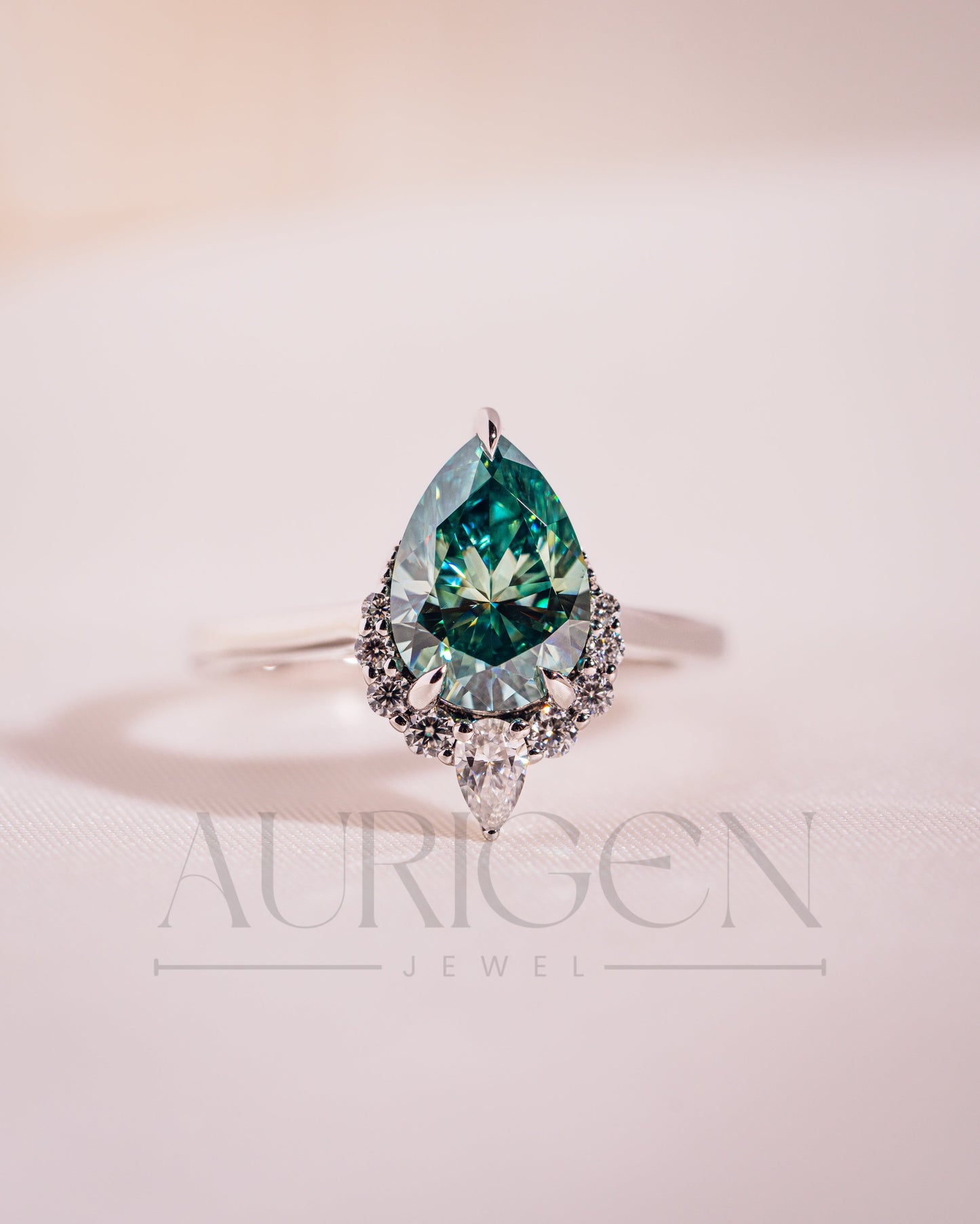 Stunning Teal Brilliant Pear Cut Moissanite and Lab Grown Engagement Ring with Halo