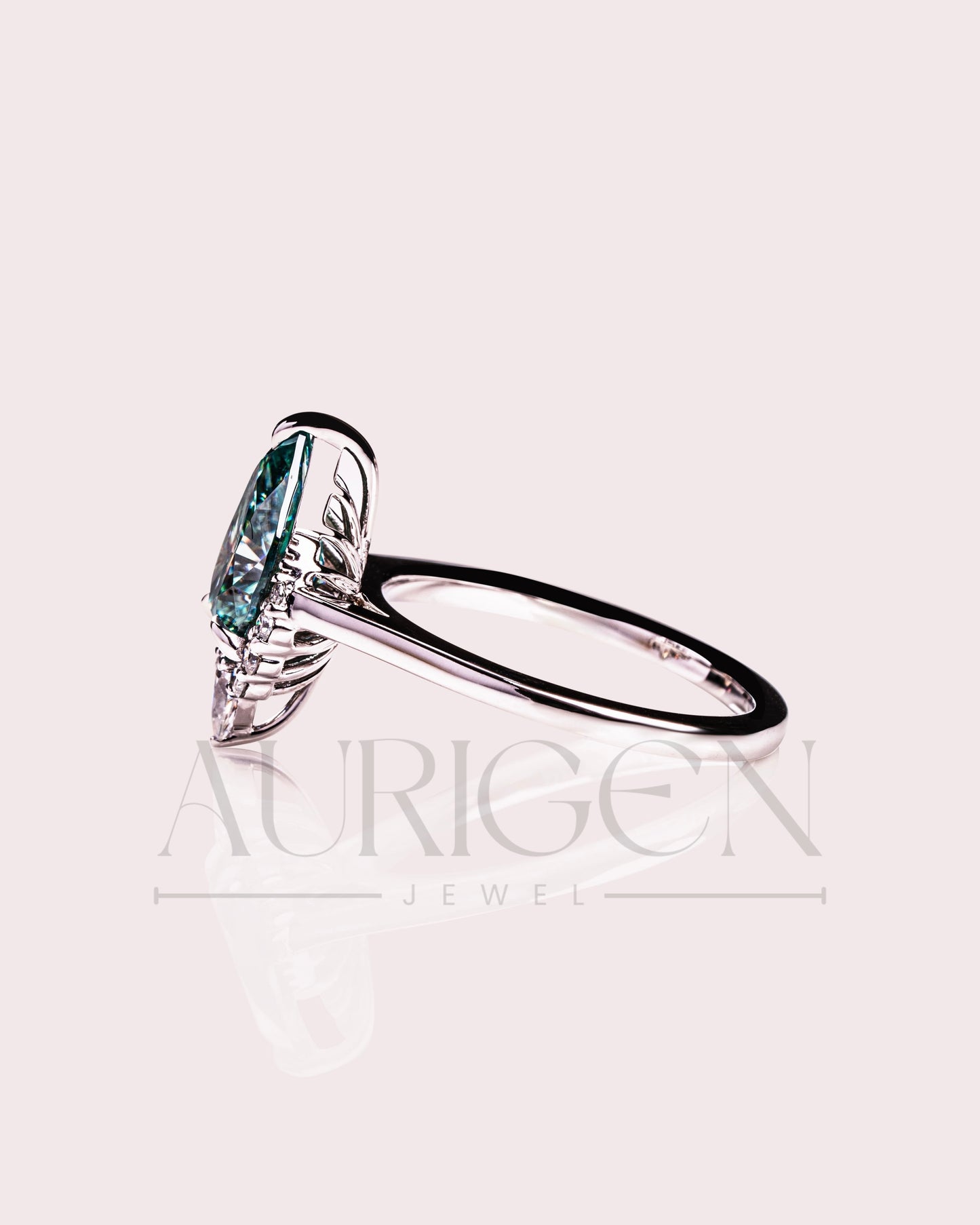 Stunning Teal Brilliant Pear Cut Moissanite and Lab Grown Engagement Ring with Halo