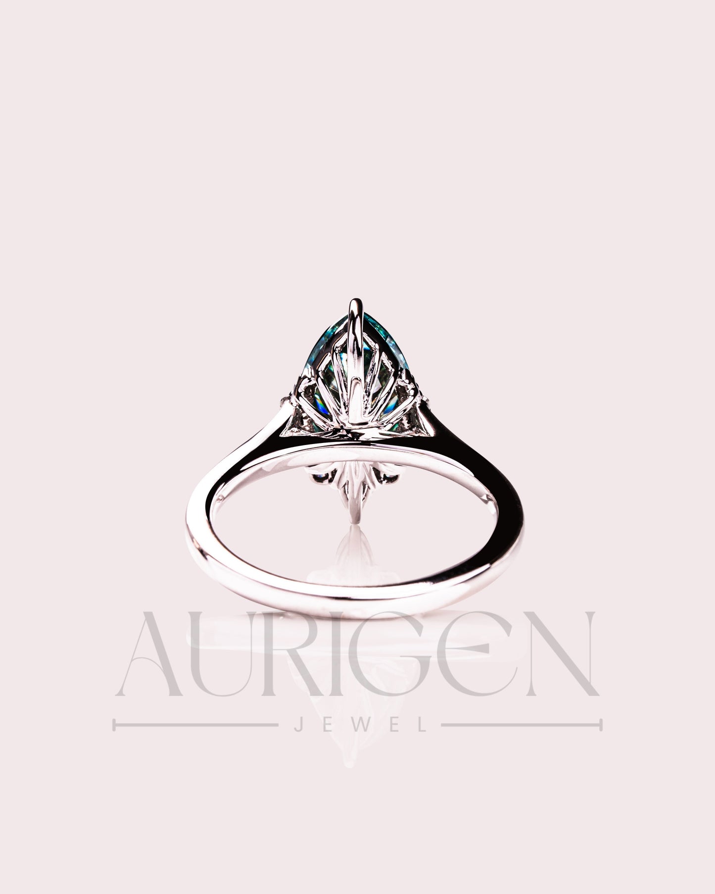 Stunning Teal Brilliant Pear Cut Moissanite and Lab Grown Engagement Ring with Halo