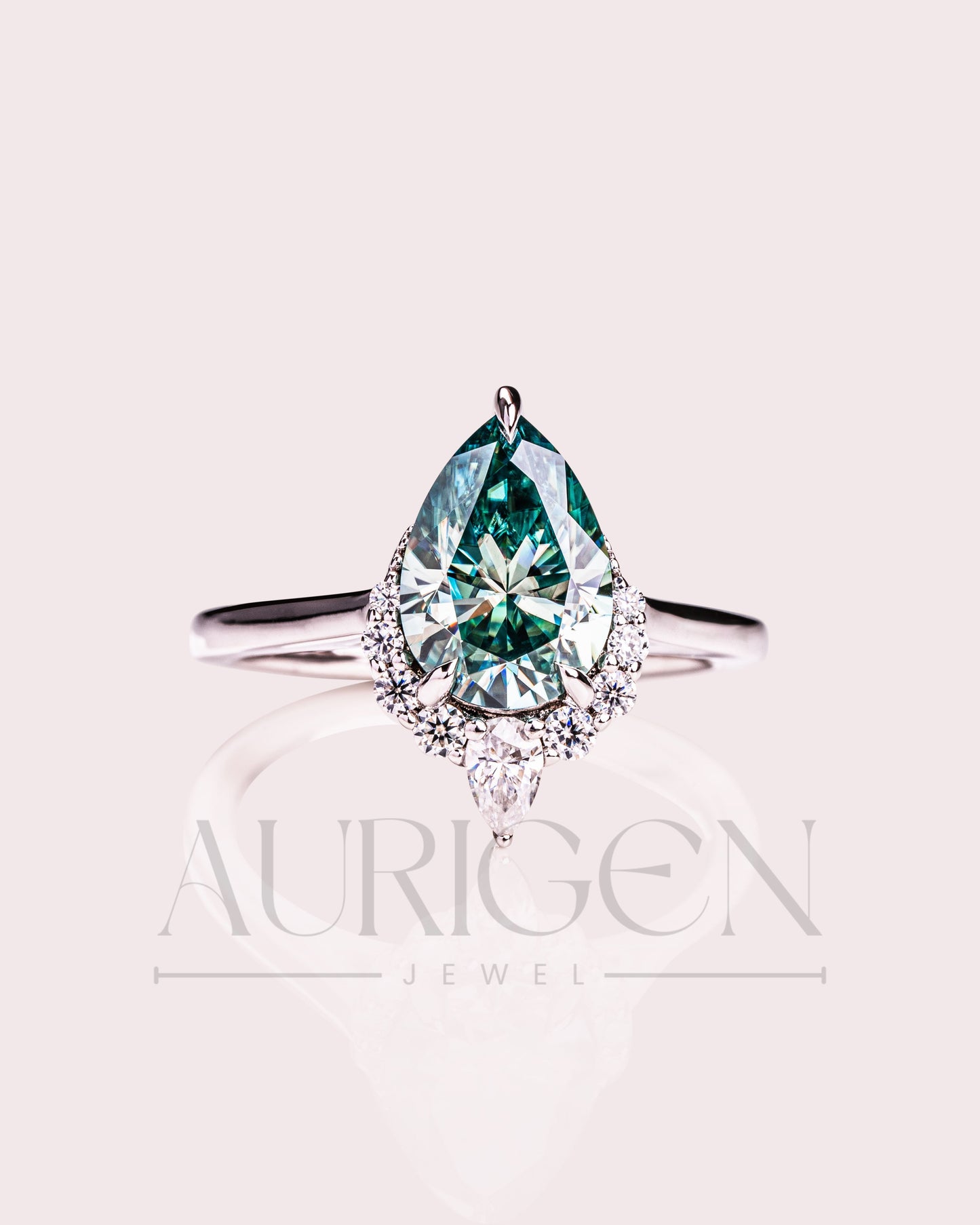 Stunning Teal Brilliant Pear Cut Moissanite and Lab Grown Engagement Ring with Halo