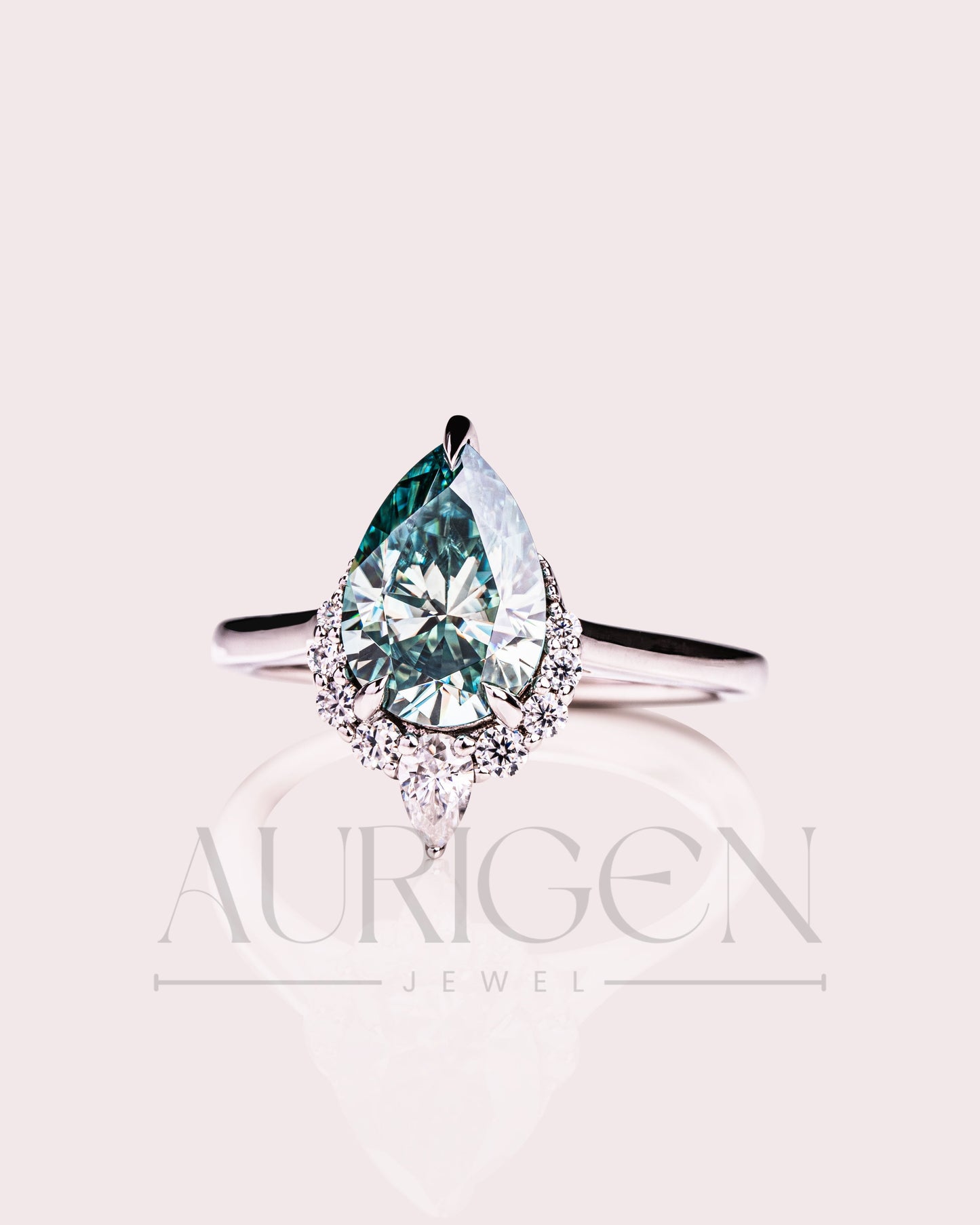 Stunning Teal Brilliant Pear Cut Moissanite and Lab Grown Engagement Ring with Halo