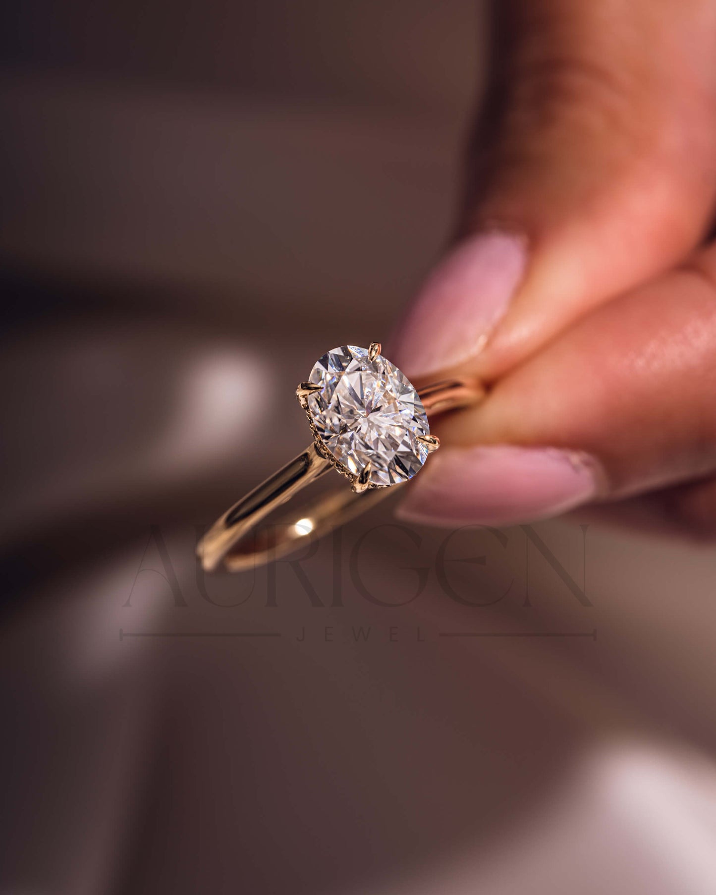 Brilliant Oval Cut Moissanite & Leb Grown Ring 4-Prong With Hidden Halo Diamond Ring