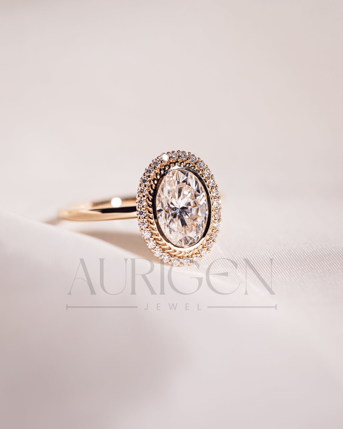 Moissanite and Lab Grown Diamond- Oval Cut Bezel Setting Ring With Halo