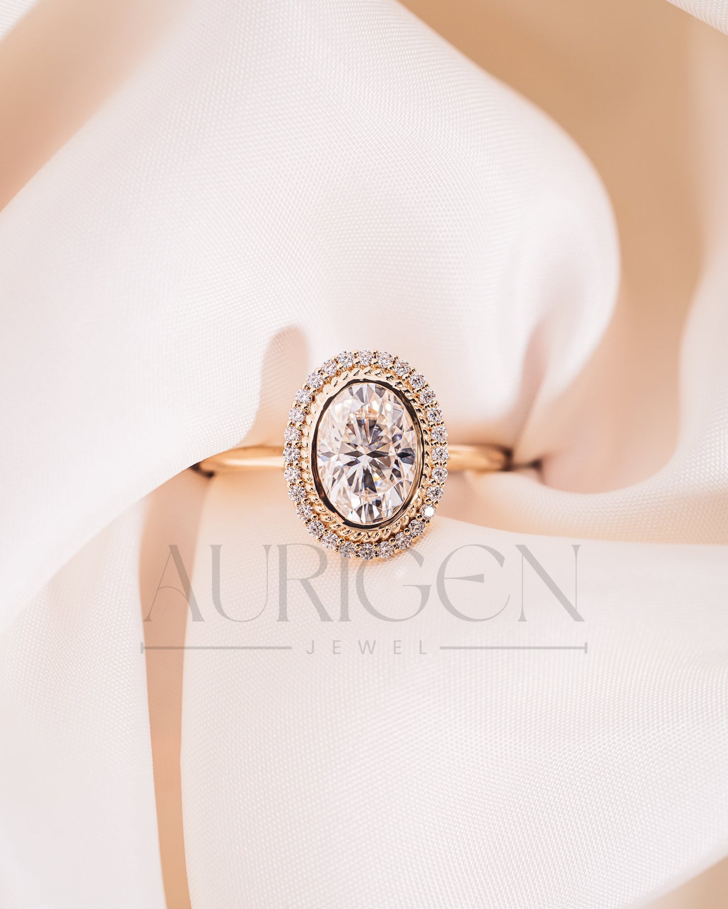 Moissanite and Lab Grown Diamond- Oval Cut Bezel Setting Ring With Halo