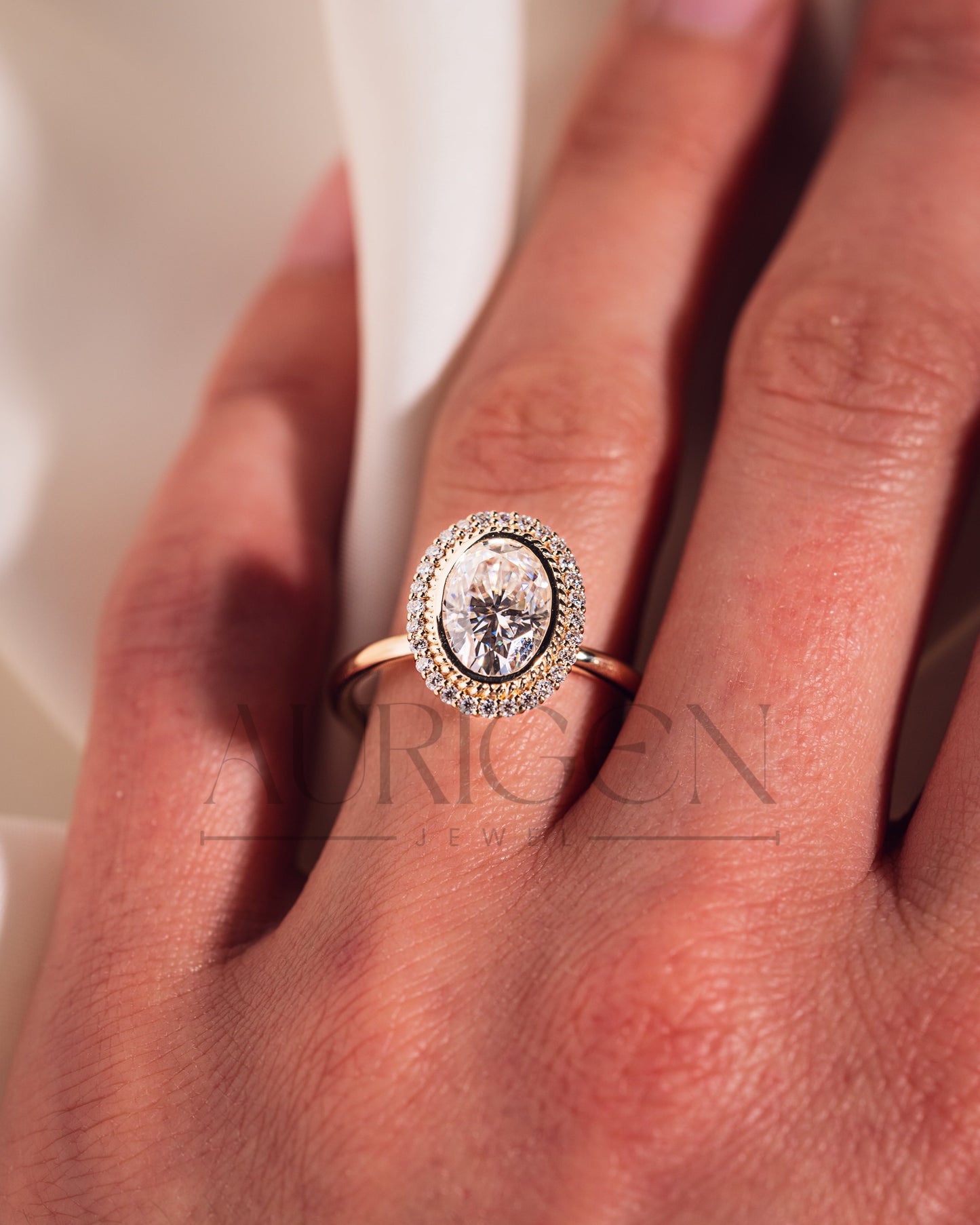 Moissanite and Lab Grown Diamond- Oval Cut Bezel Setting Ring With Halo