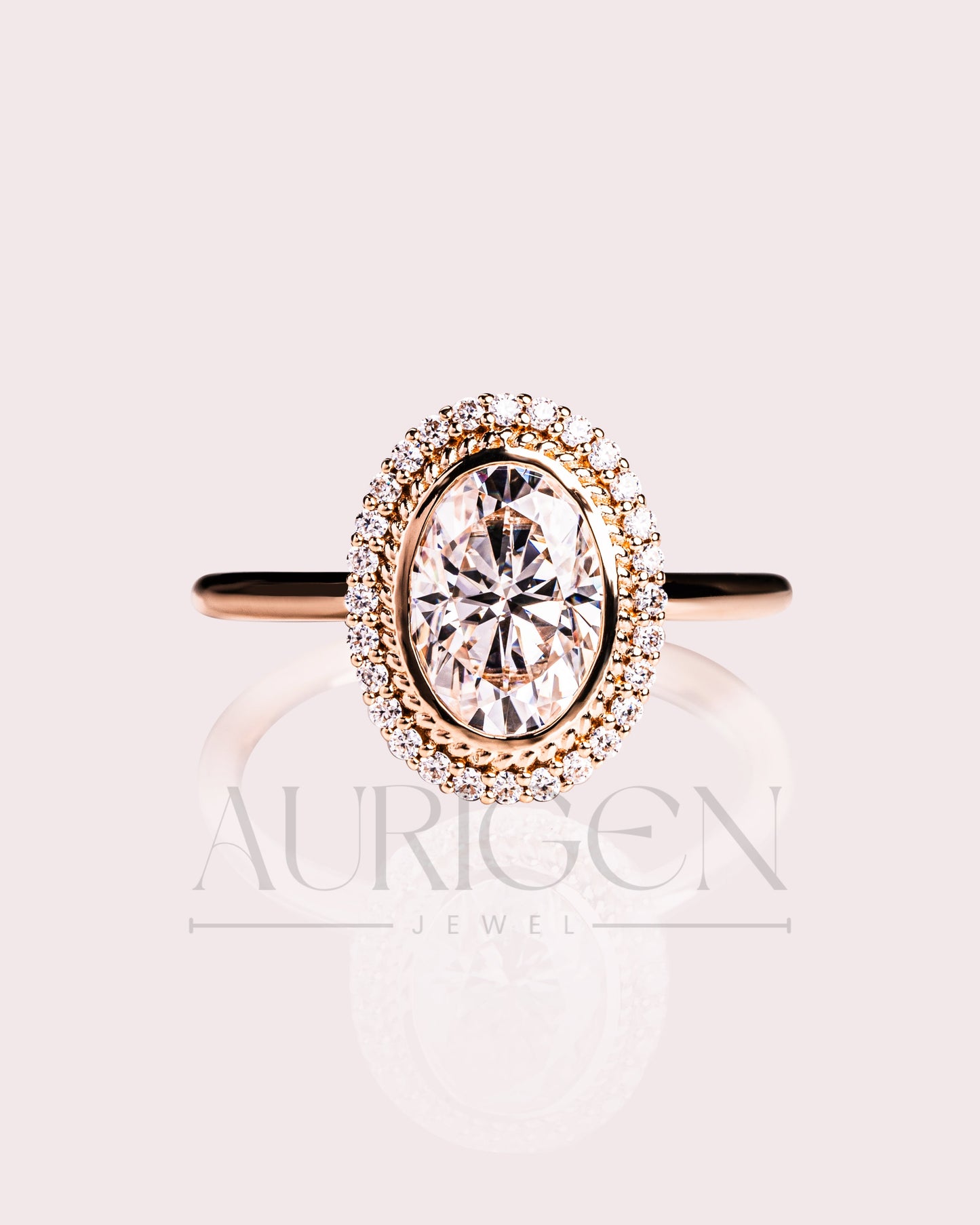 Moissanite and Lab Grown Diamond- Oval Cut Bezel Setting Ring With Halo