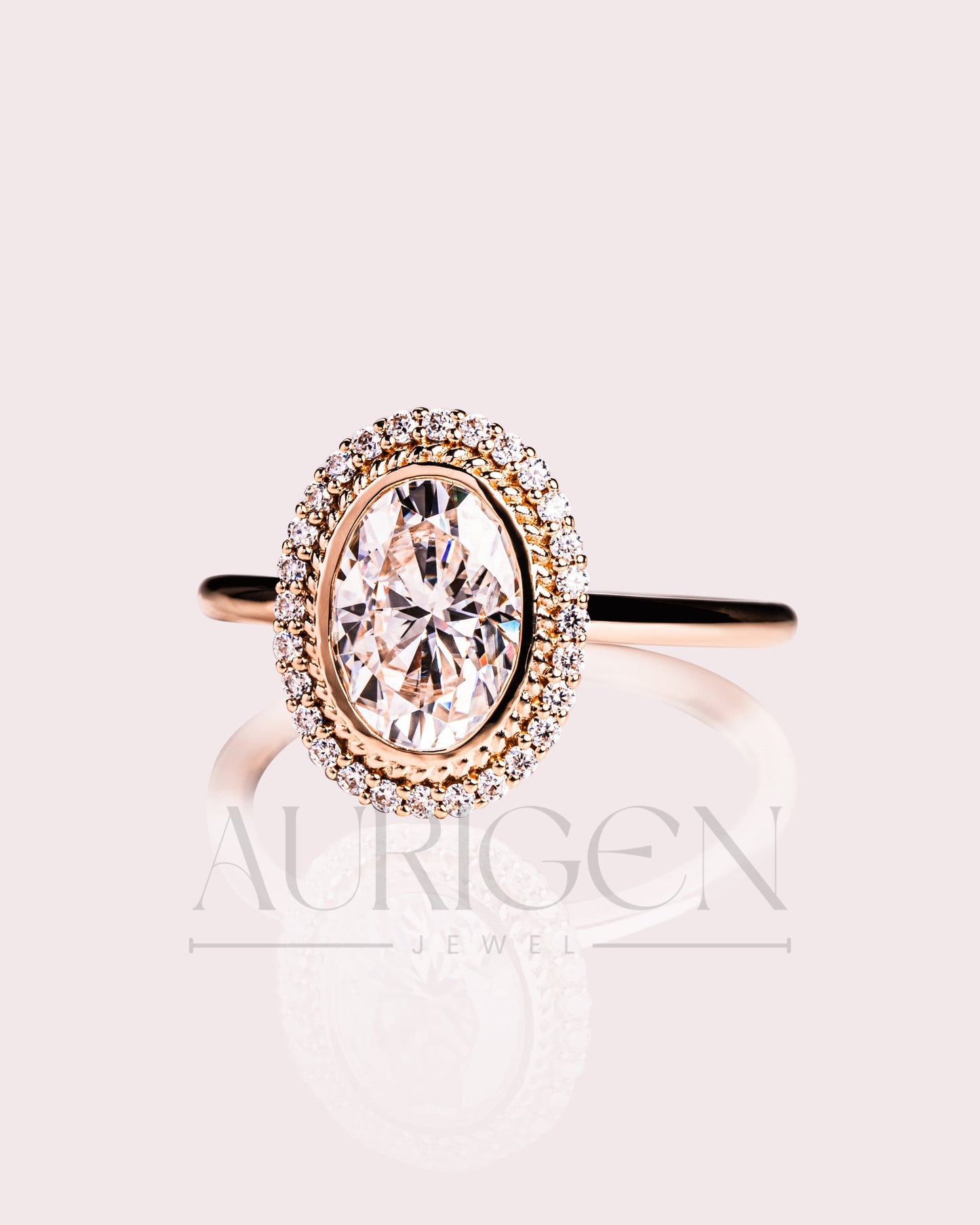 Moissanite and Lab Grown Diamond- Oval Cut Bezel Setting Ring With Halo