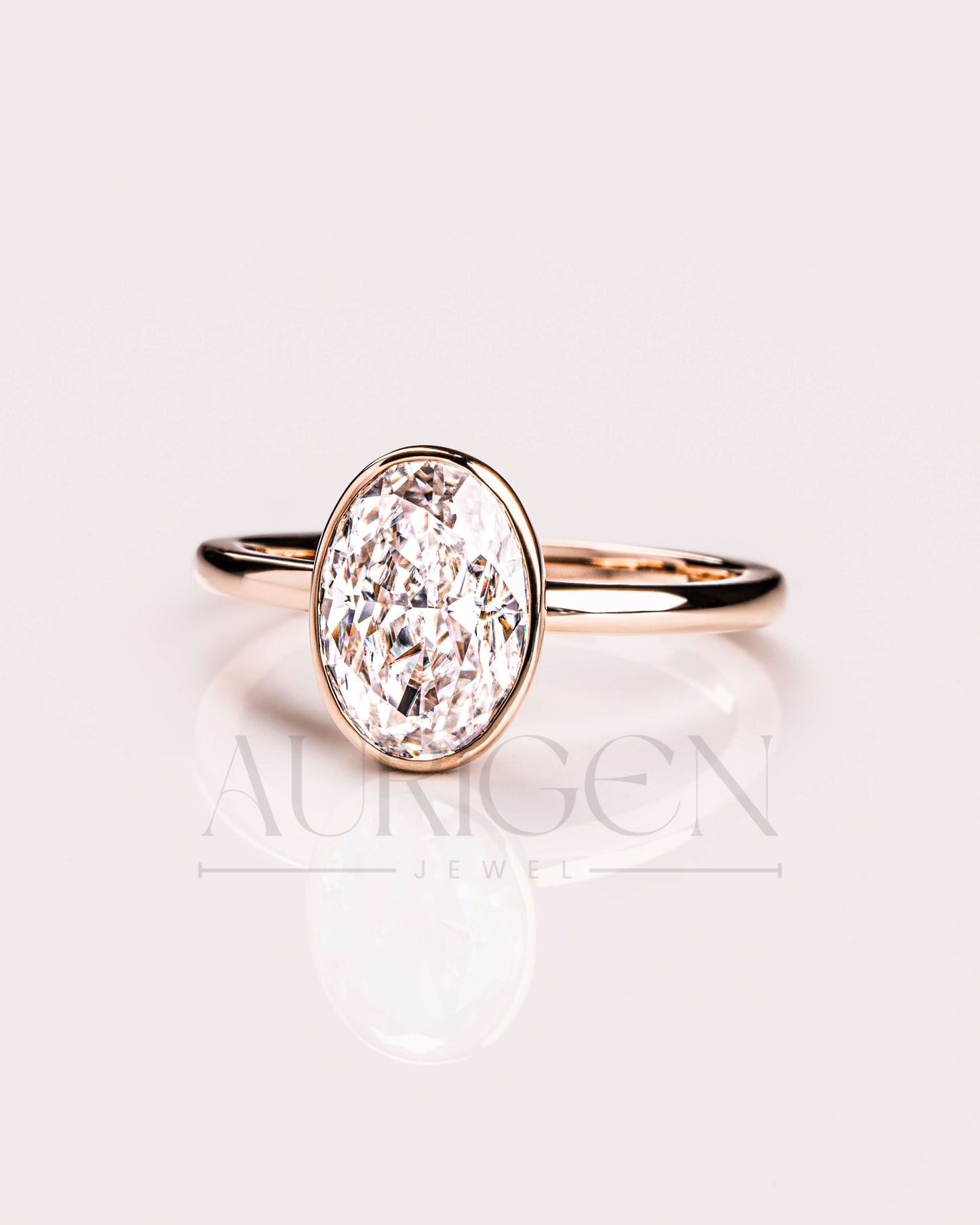14k Solid Gold Oval Moissanite and Leb Grown Bezel Set Engagement Ring
