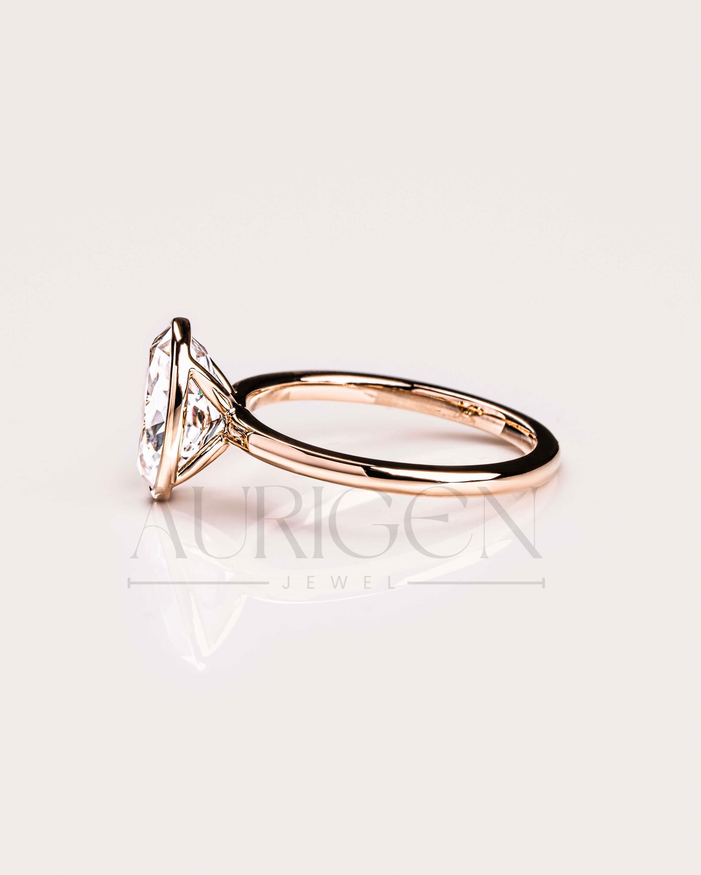 14k Solid Gold Oval Moissanite and Leb Grown Bezel Set Engagement Ring