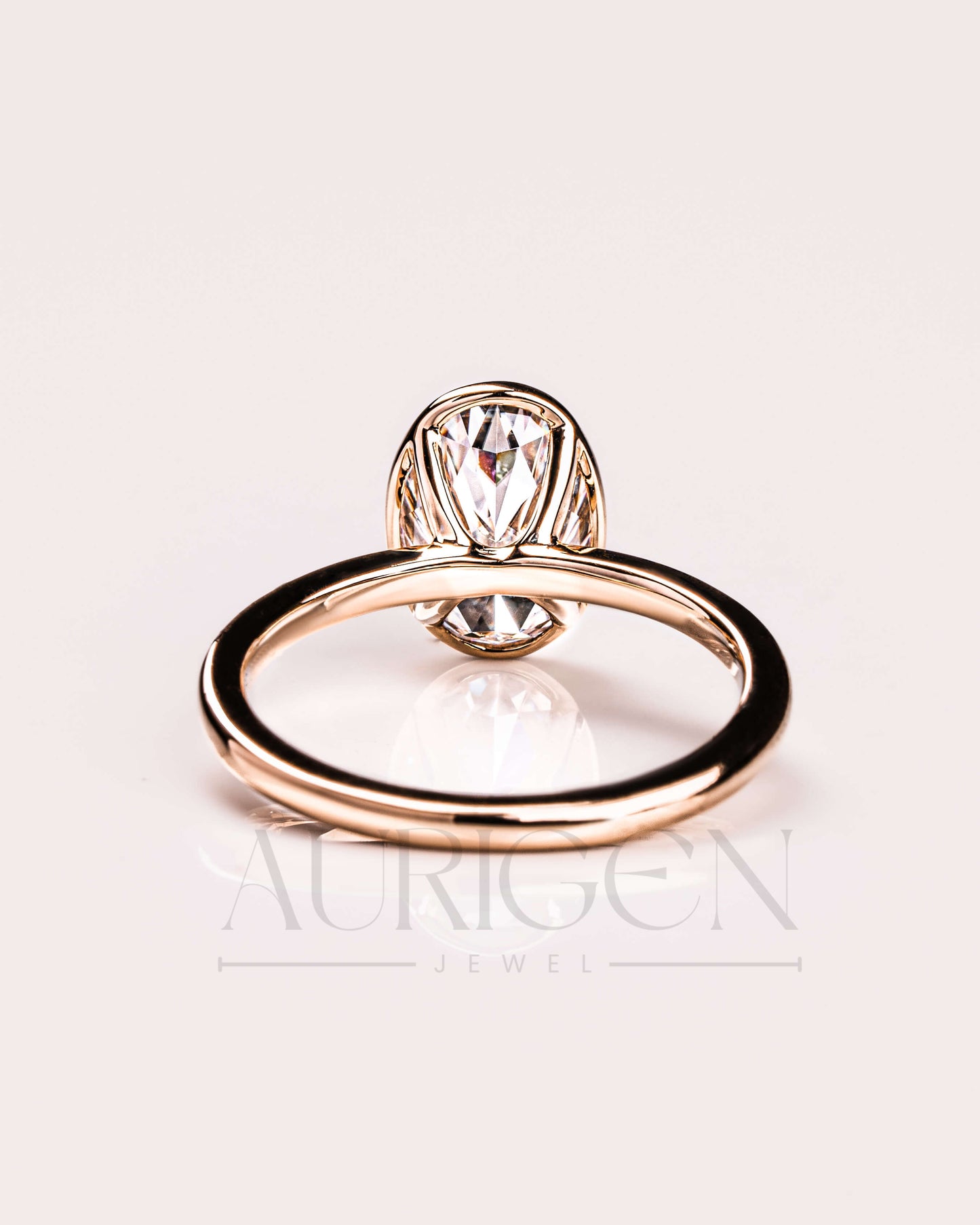 14k Solid Gold Oval Moissanite and Leb Grown Bezel Set Engagement Ring