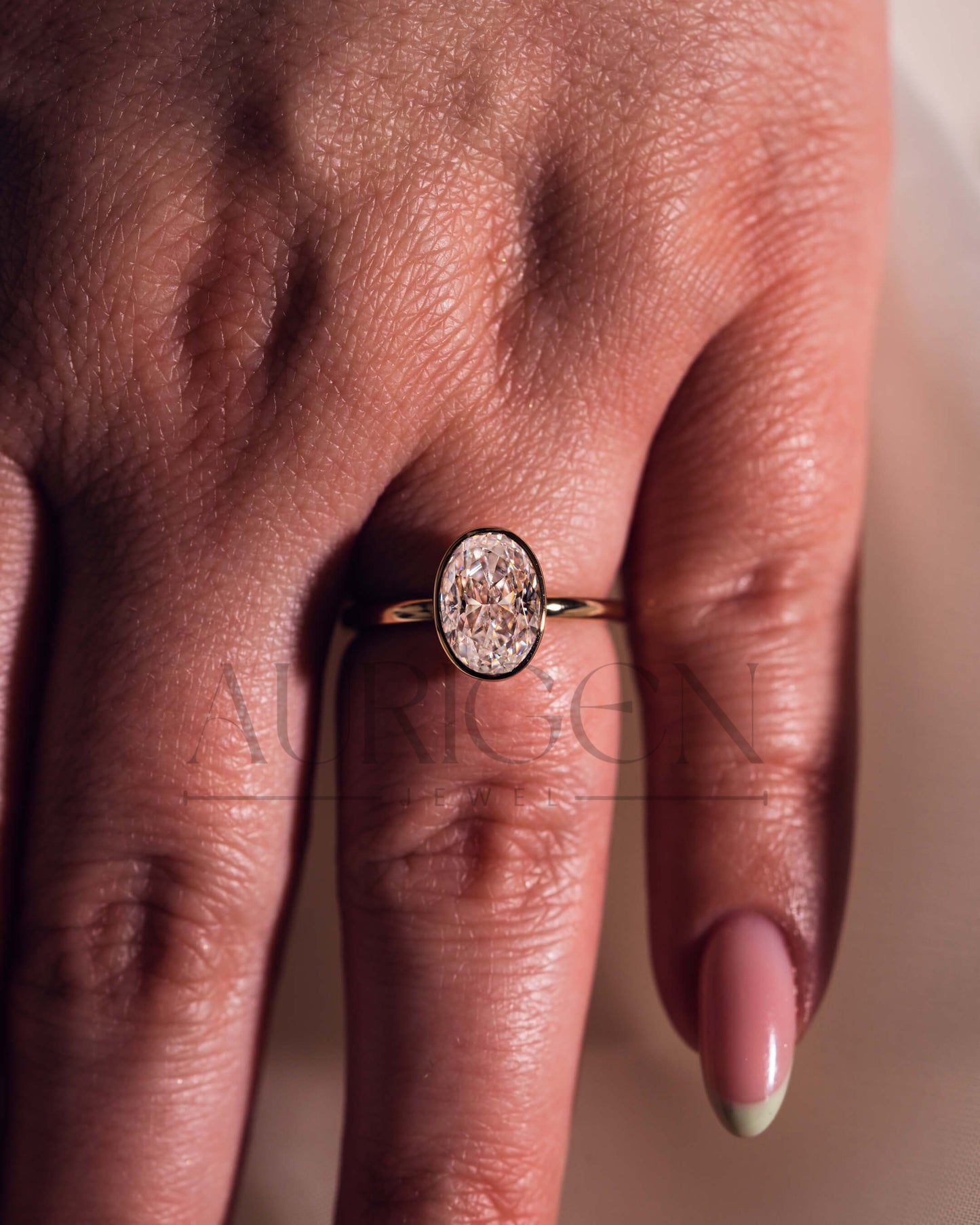 14k Solid Gold Oval Moissanite and Leb Grown Bezel Set Engagement Ring