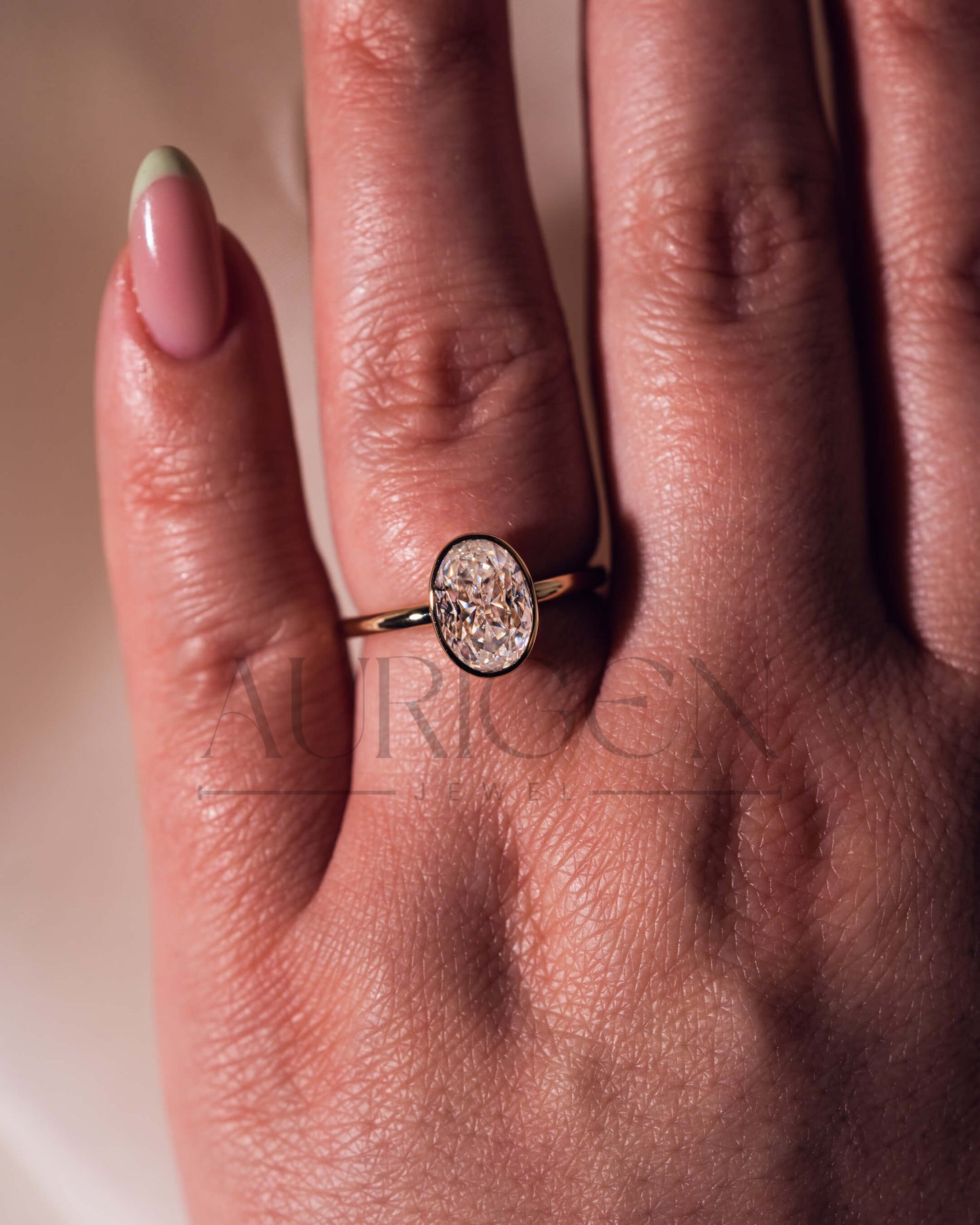 14k Solid Gold Oval Moissanite and Leb Grown Bezel Set Engagement Ring