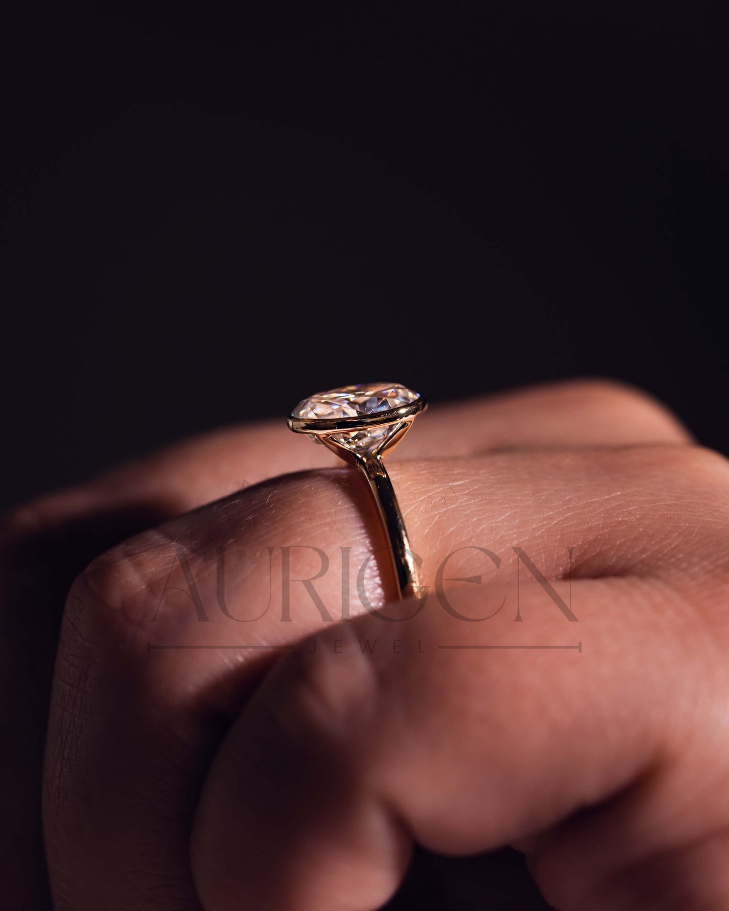 14k Solid Gold Oval Moissanite and Leb Grown Bezel Set Engagement Ring