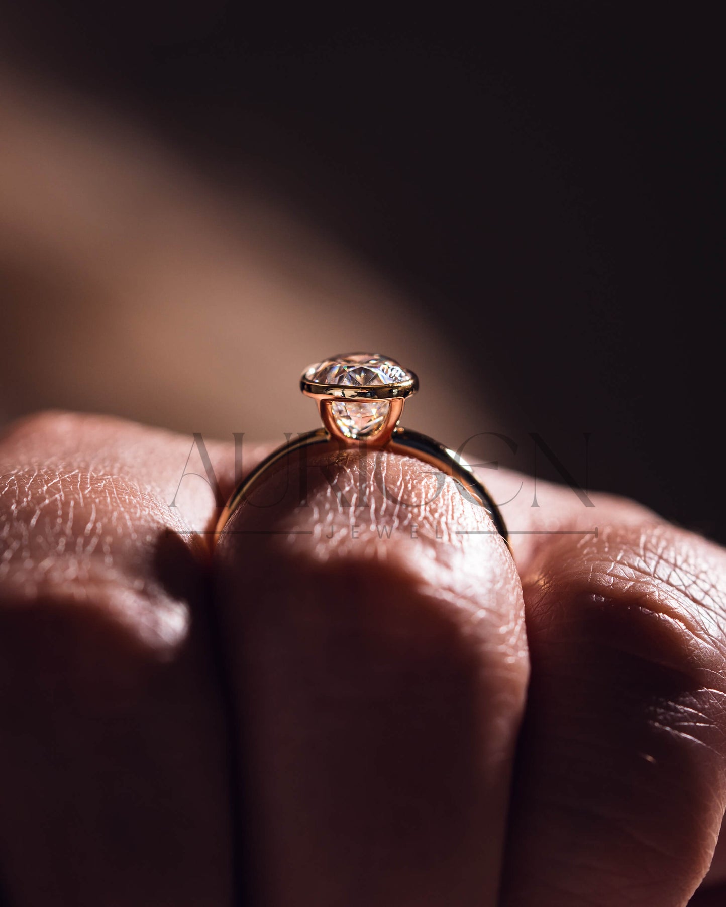 14k Solid Gold Oval Moissanite and Leb Grown Bezel Set Engagement Ring