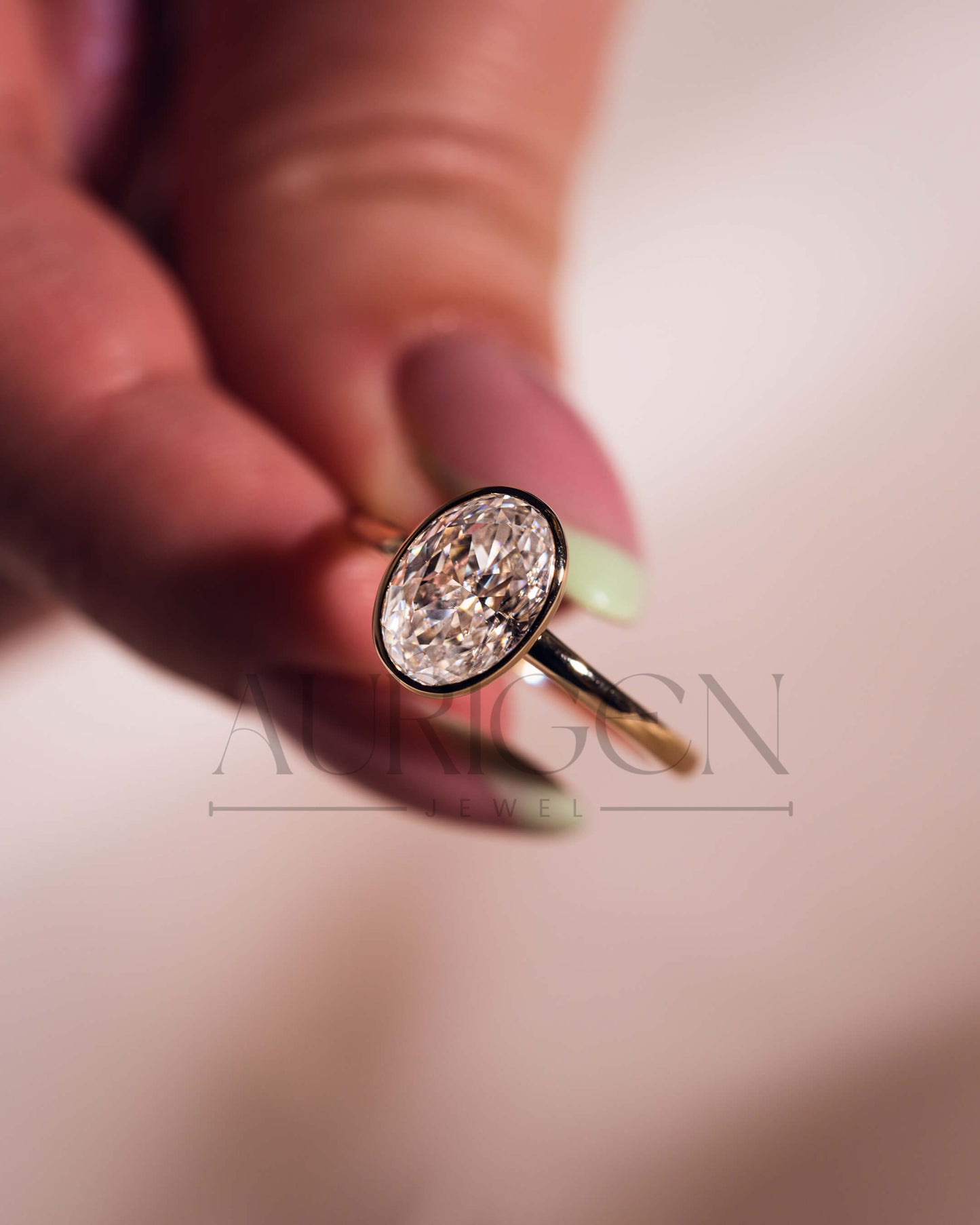 14k Solid Gold Oval Moissanite and Leb Grown Bezel Set Engagement Ring