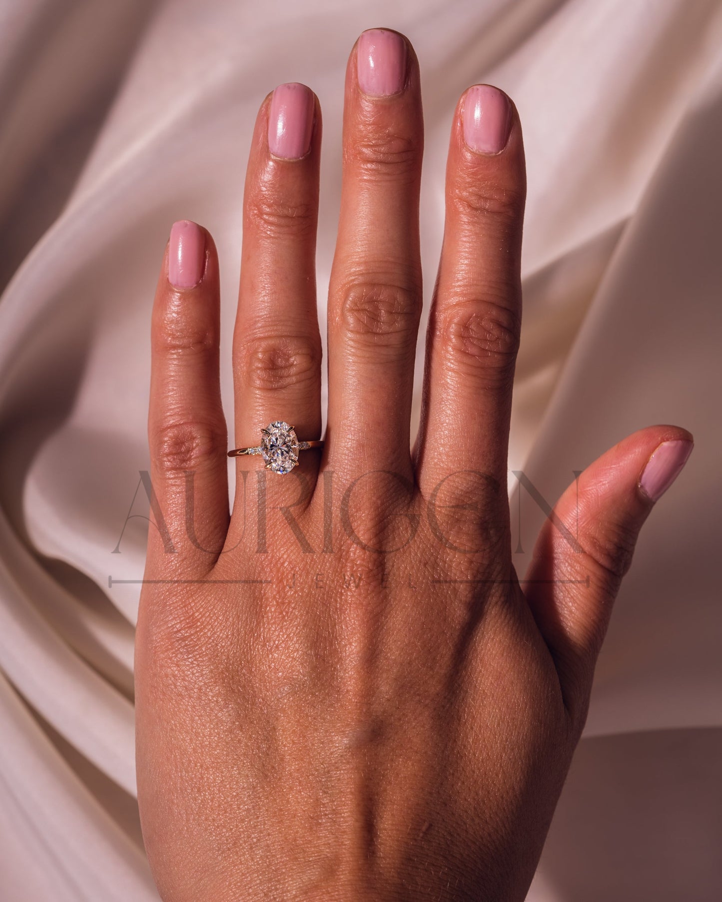 Oval 4-Prong Engagement Ring with Round Side With Hidden Diamond 14k Solid Gold