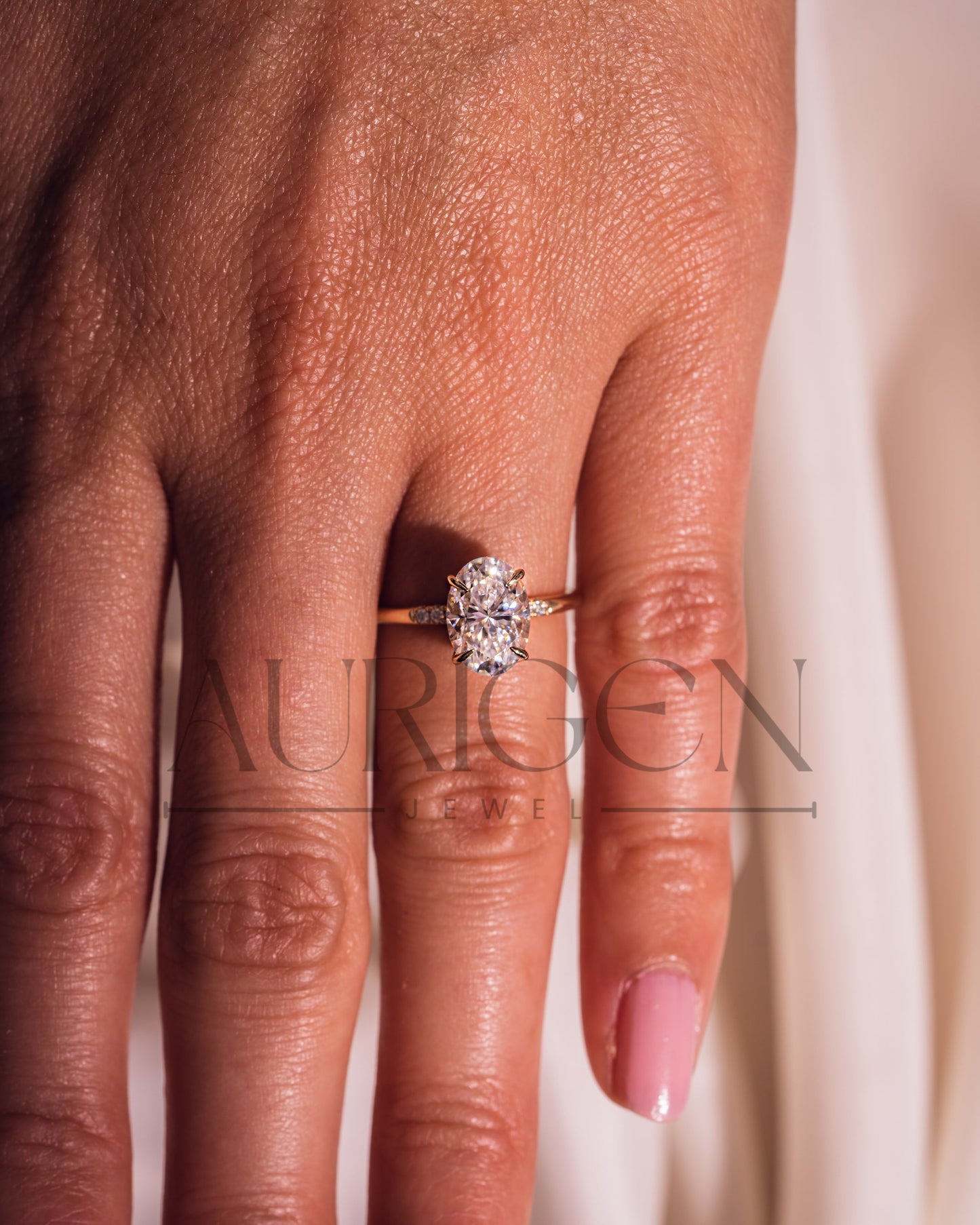 Oval 4-Prong Engagement Ring with Round Side With Hidden Diamond 14k Solid Gold