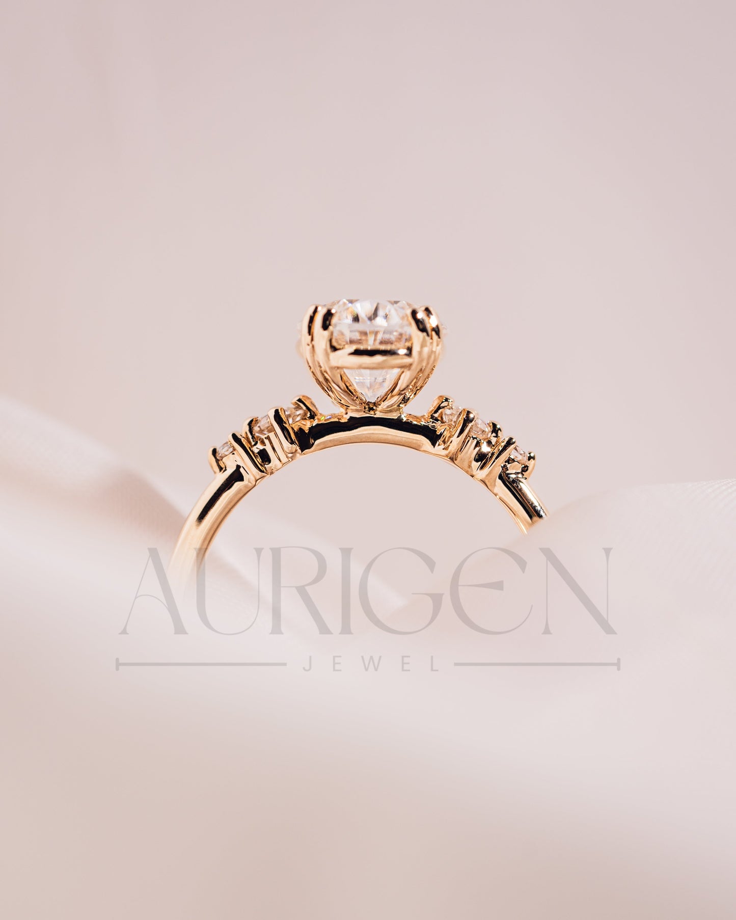 Oval Cut Moissanite and Lab Grown Diamond Engagement Ring with Side Stones