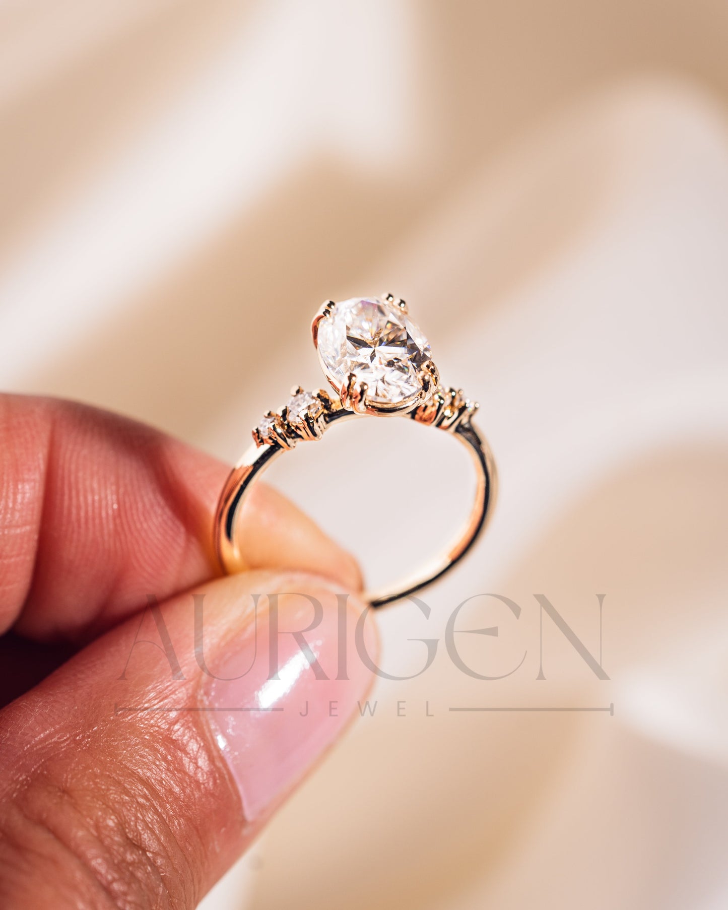 Oval Cut Moissanite and Lab Grown Diamond Engagement Ring with Side Stones