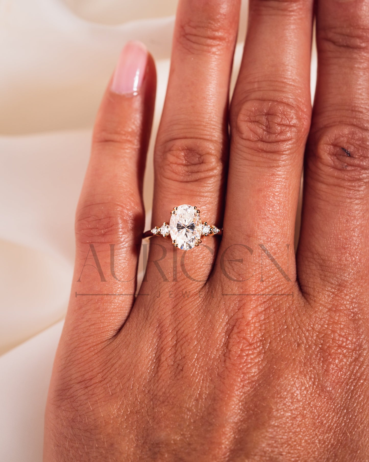 Oval Cut Moissanite and Lab Grown Diamond Engagement Ring with Side Stones