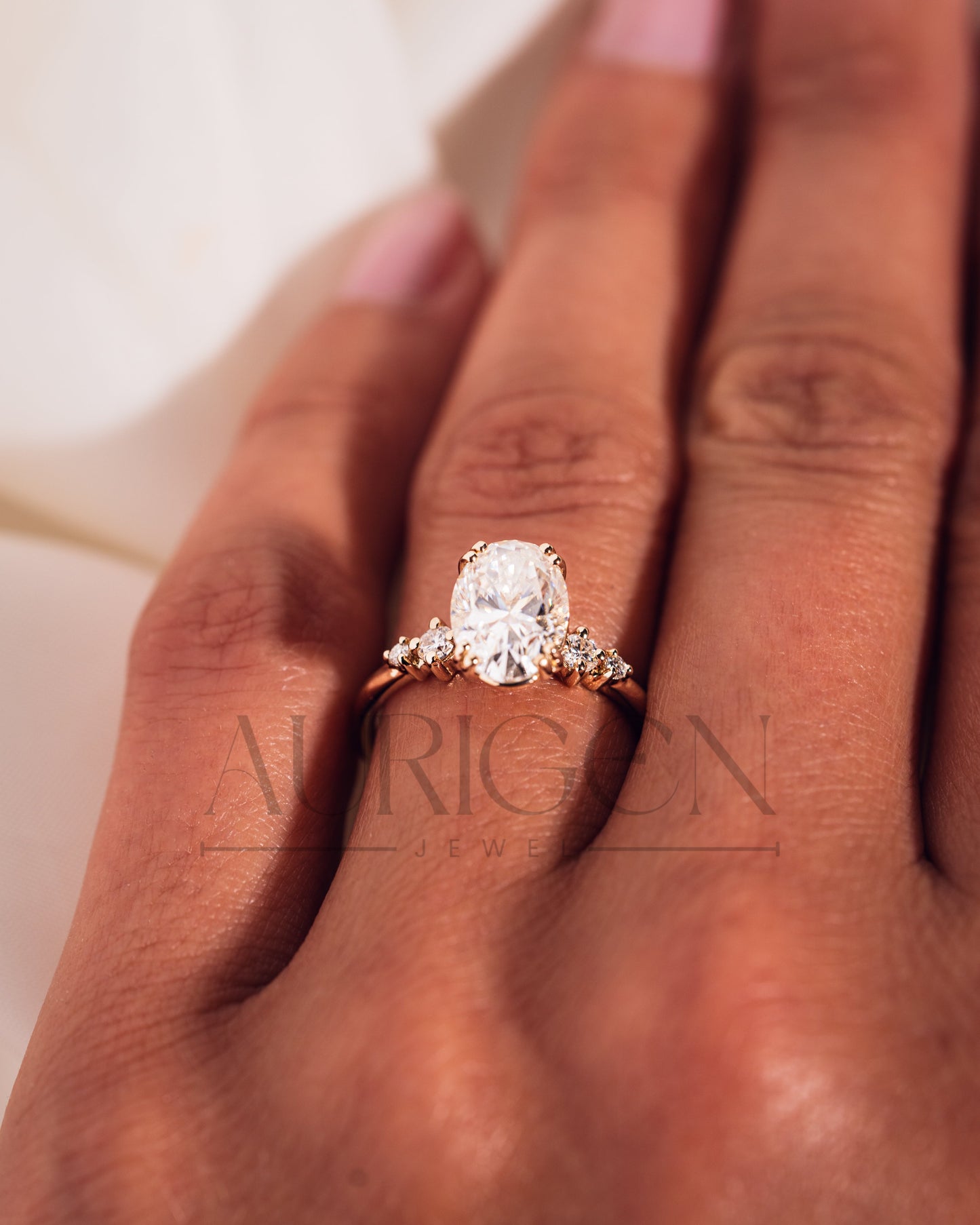 Oval Cut Moissanite and Lab Grown Diamond Engagement Ring with Side Stones