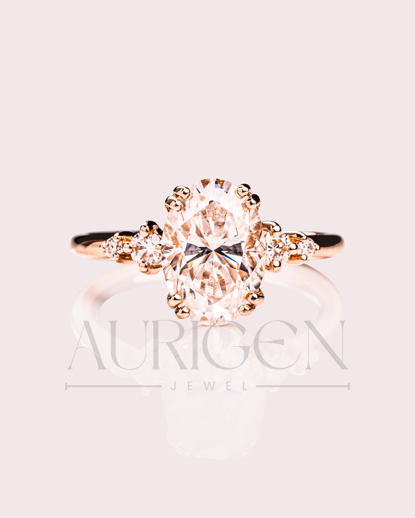Oval Cut Moissanite and Lab Grown Diamond Engagement Ring with Side Stones