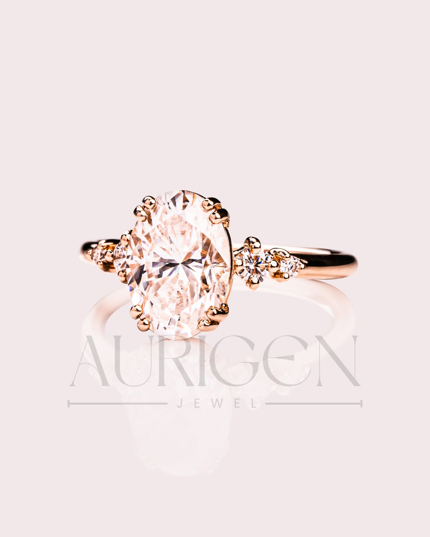 Oval Cut Moissanite and Lab Grown Diamond Engagement Ring with Side Stones