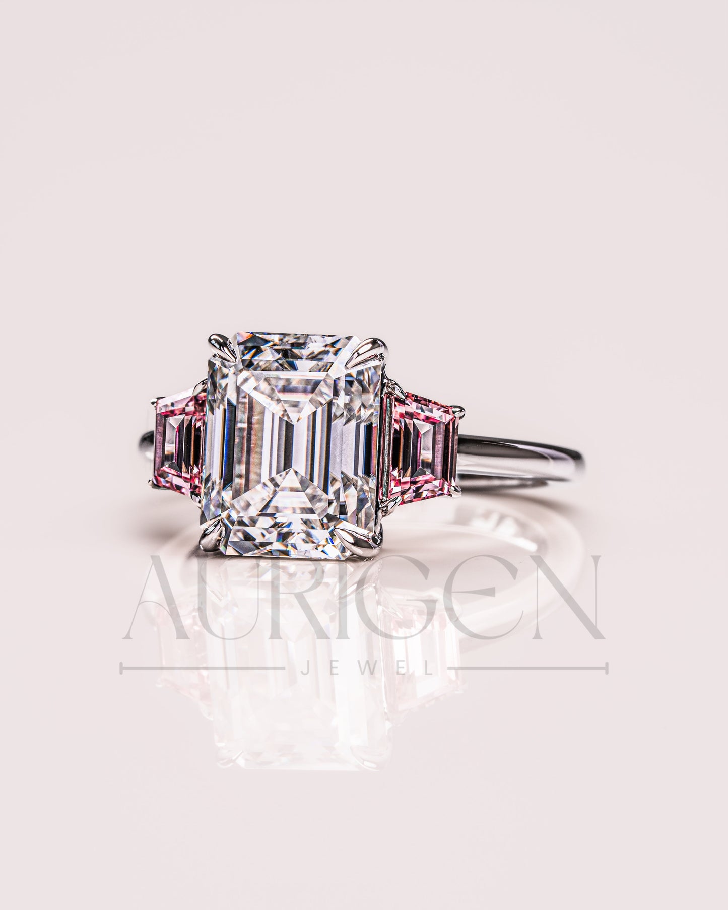 Emerald Cut with Pink Trapezoid Side Stones Engagement Ring in 14k White Gold