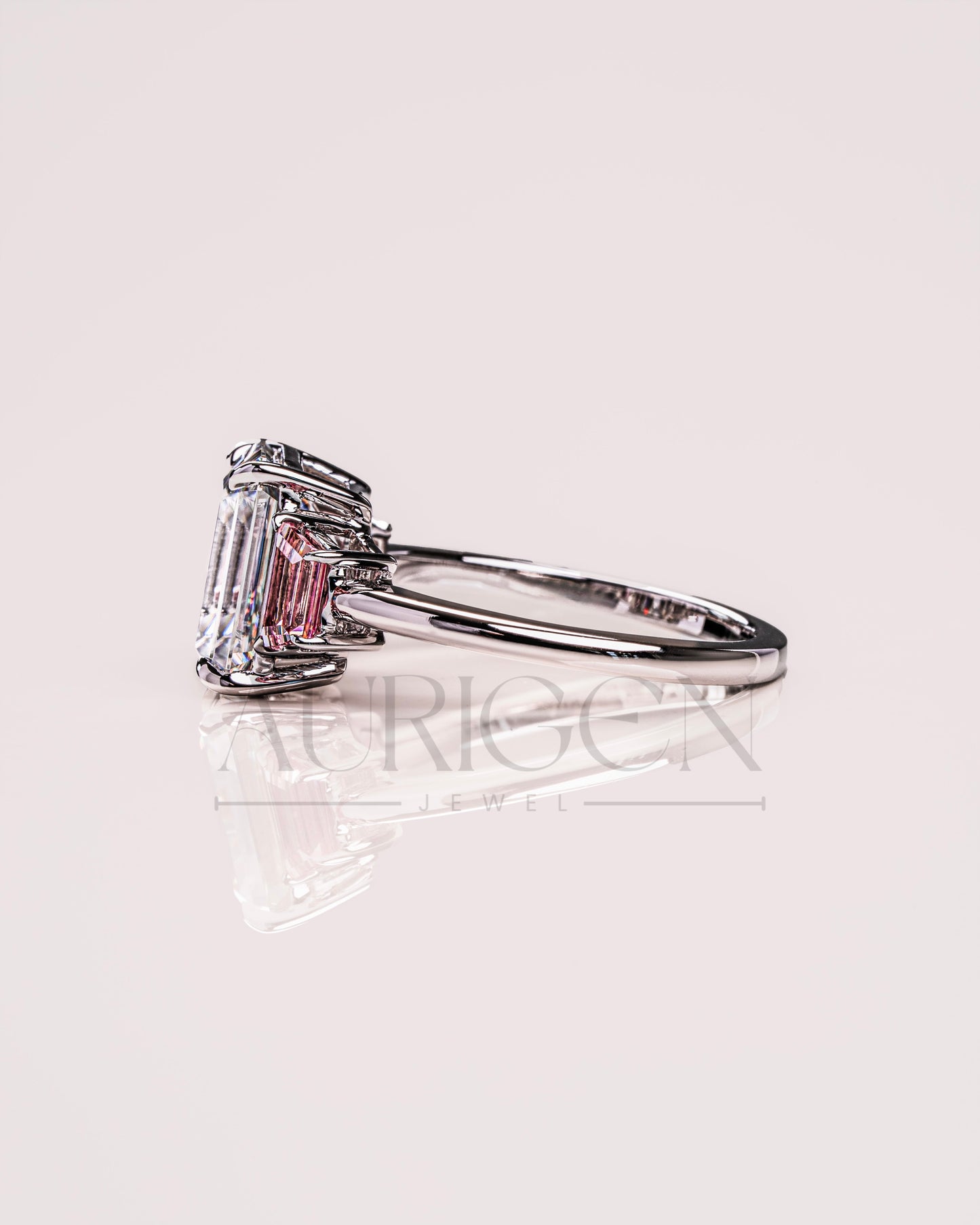 Emerald Cut with Pink Trapezoid Side Stones Engagement Ring in 14k White Gold